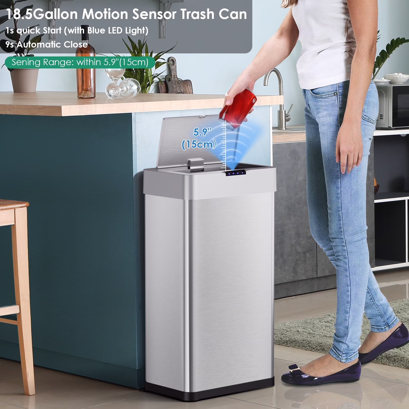 LAZY BUDDY 60 Liter / 16 Gallon Stainless Steel Motion Sensor Trash Can for Kitchen, Bathroom, Rectangular - Image 4