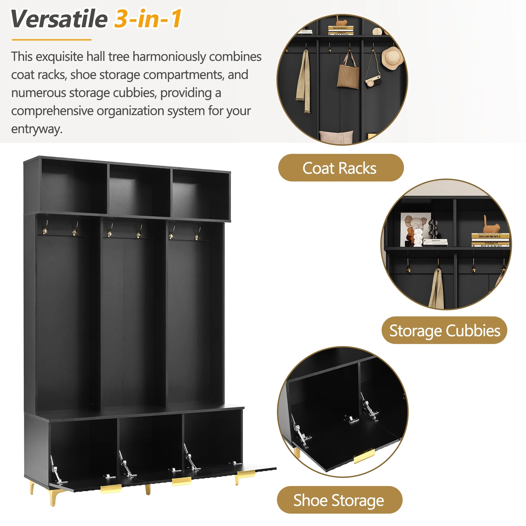 Euroco Modern Hall Tree with High Gloss Fluted Doors, Gold Accents, Shoe Storage & Bench a?? Entryway Organizer with Cubbies and Coat Hooks - Image 4