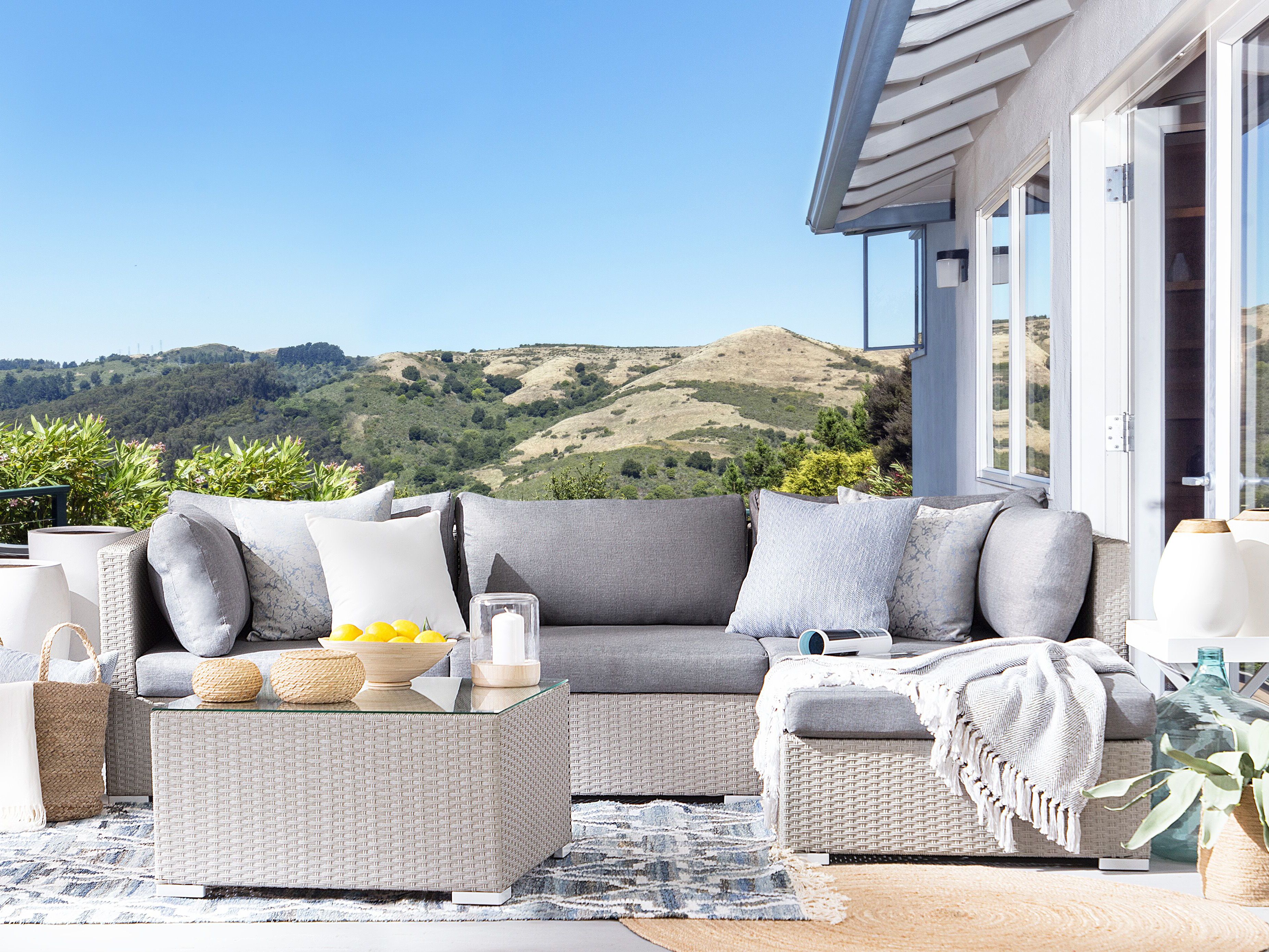 Garden Corner Sofa with Table 4 Seater SANO II Left Hand Modular PE Rattan Light Grey