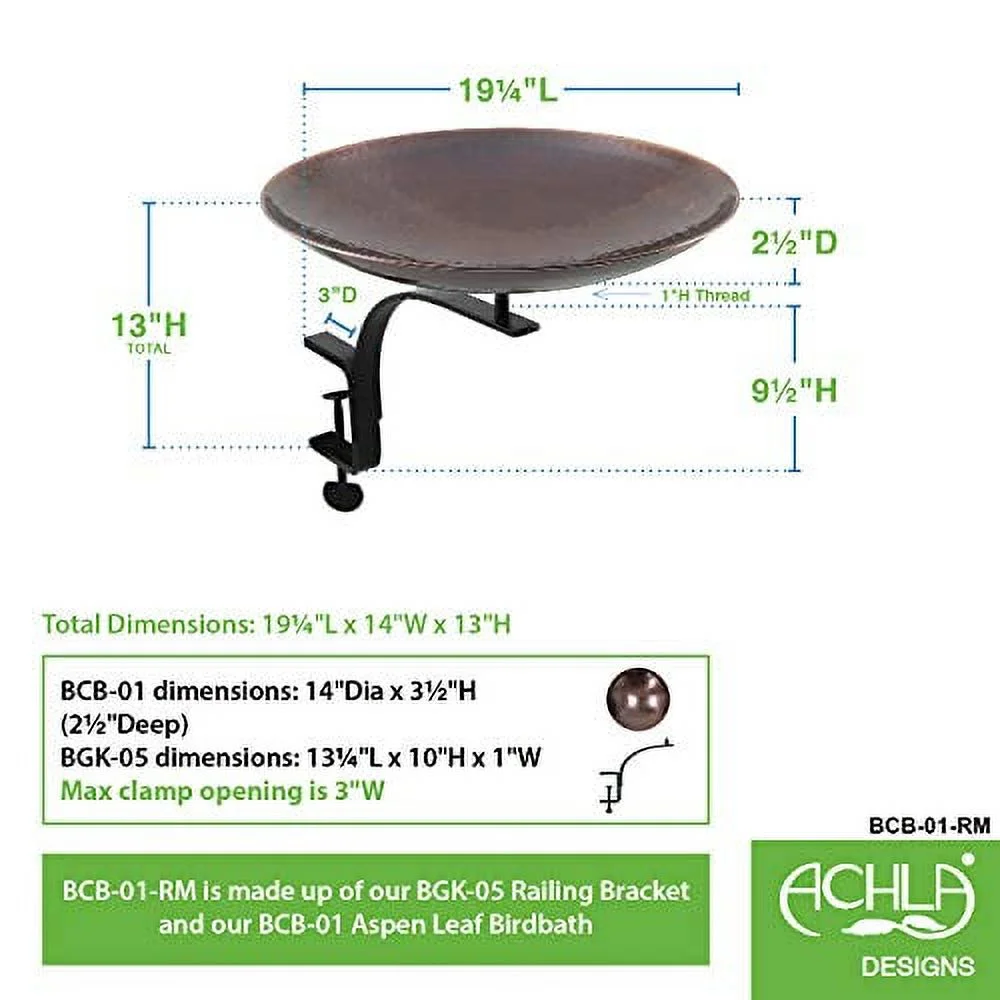 Achla BCB-01-RM Burnt Copper Birdbath with Rail Mount Bracket