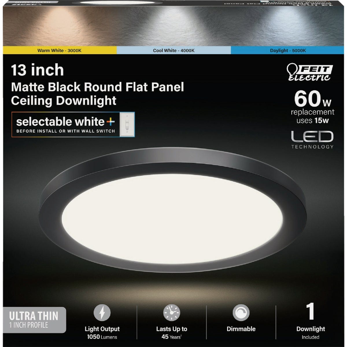 Feit Electric Edge-Lit 13 In. Matte Black Round Disc 4-Way LED Flush Mount Light