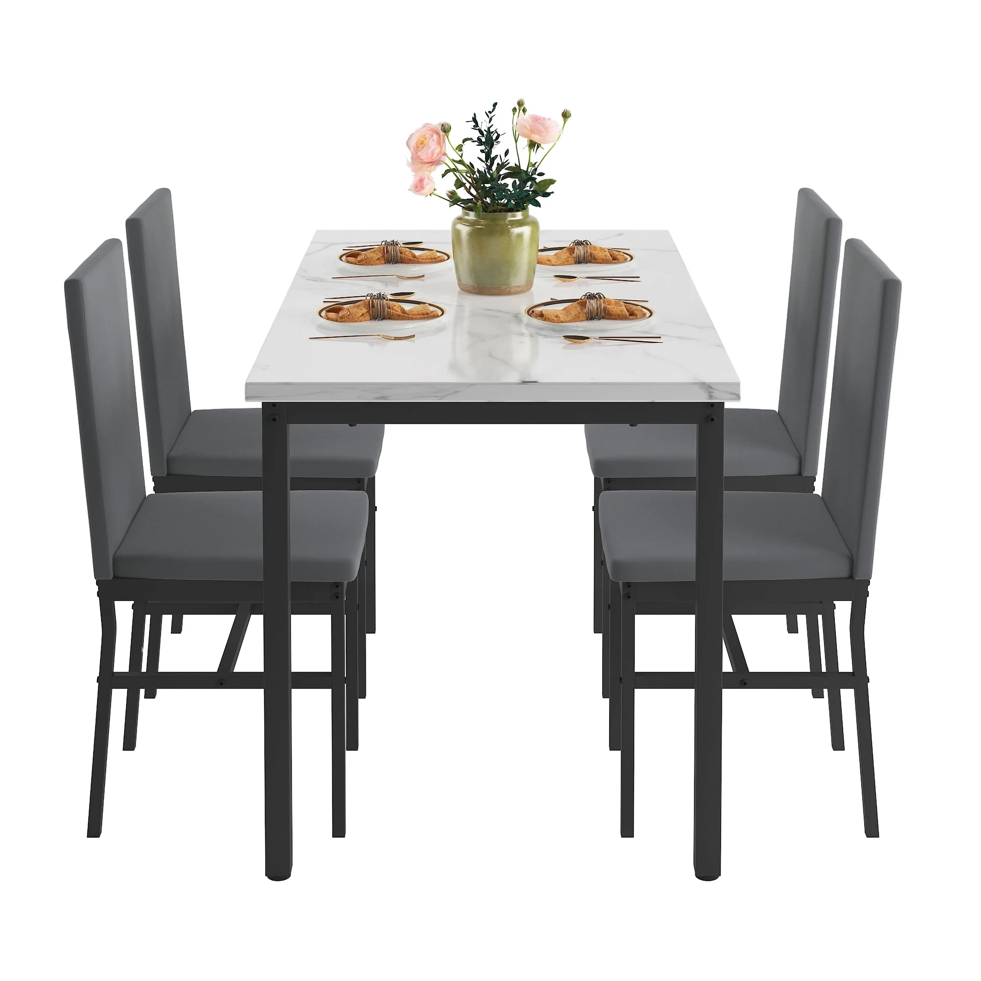 5 Piece Dining Set, Modern Dining Table and Chairs Set for 4, Counter Height Bar Table Set, Modern Pub Table with 4 Velvet Fabric Cushioned Stools, Faux Marble Dining Table & Stools Set, D9297 - Image 14