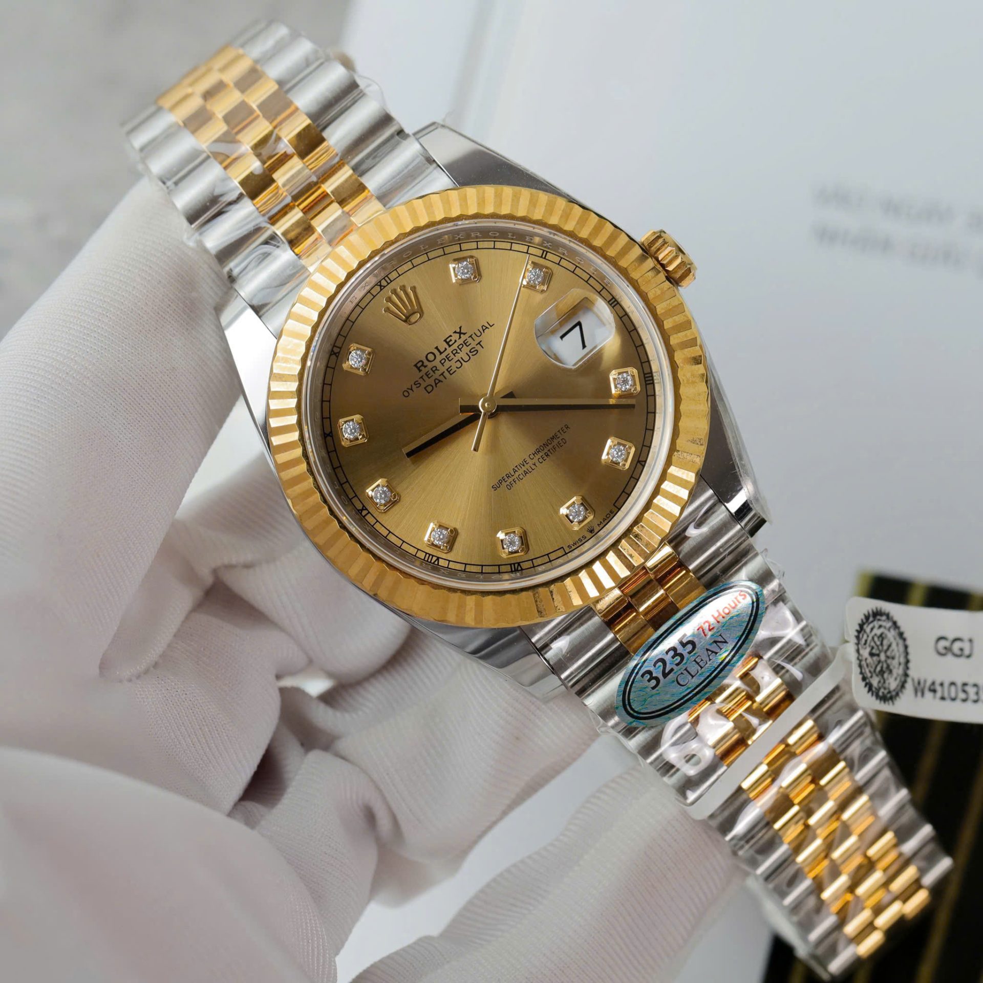 Rolex DateJust Copies Watches Yellow Champagne Dial Moissanite Diamonds Clean Factory 41mm - Elite Watch Atelier