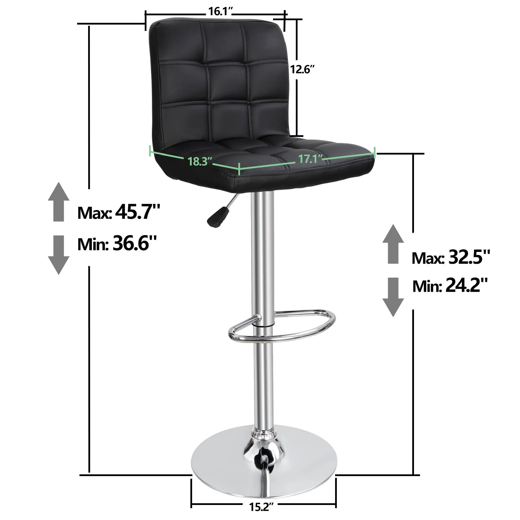 ZENY Set of 4 Bar Stool Soft Cushion Metal Frame 24-32" Swivel Chair, Black - Image 2