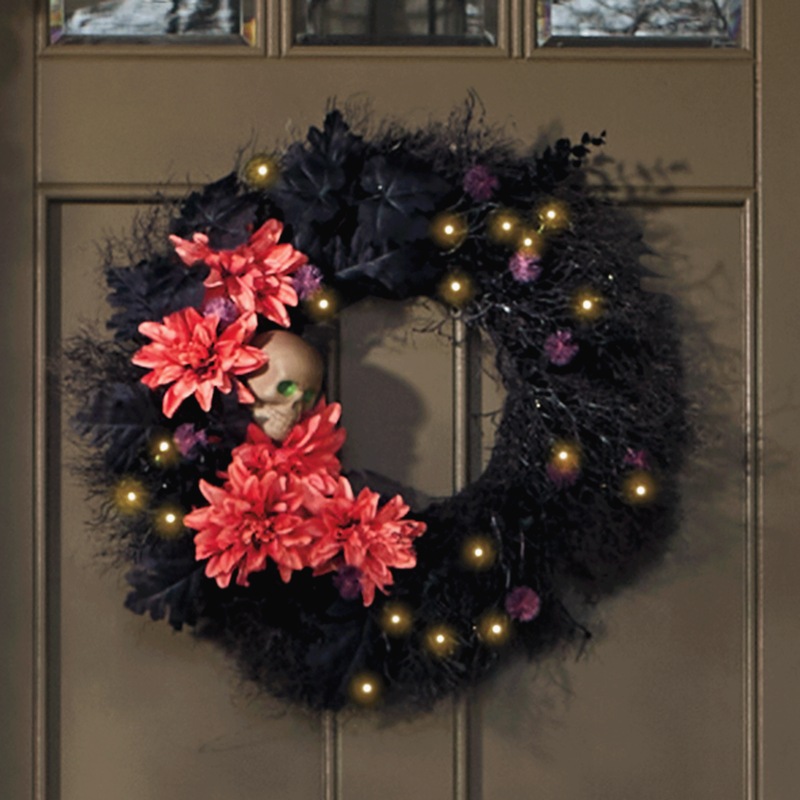 Lit Skull in Mums Wreath - MIDNIGHT VELVET CATALOG