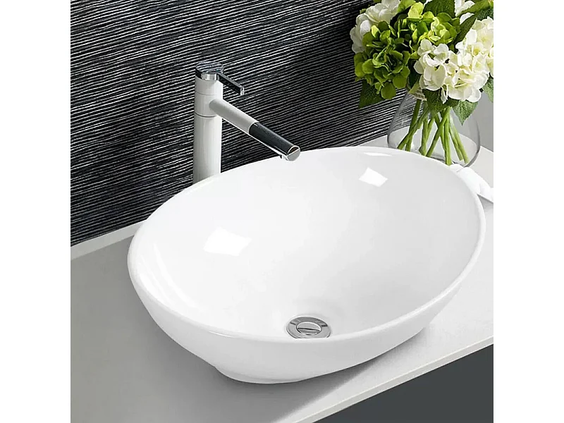 Lavabo Ovale Moderne en Céramique, Évier de Salle de Bain, Bac à Laver Blanc, 410x340x150mm