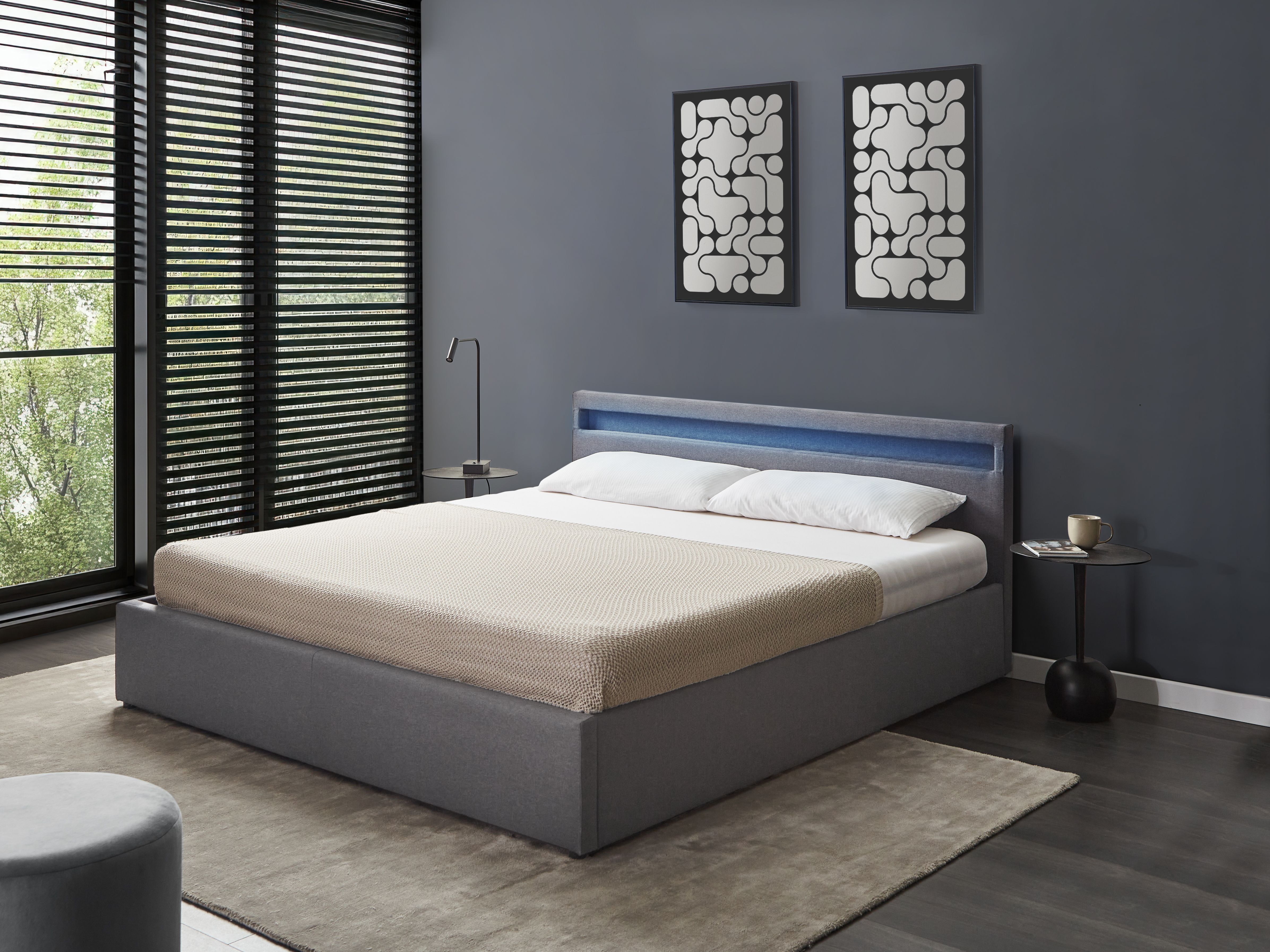 Ottoman Bed with LED Fabric ARMELLE 180 x 200 cm (EU Super King) Dark Grey