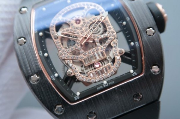Replica Richard Mille RM052 Black Ceramic Full Paved Diamonds Skull Dial Black Rubber Strap MIYOTA8215 - Elite Watch Atelier