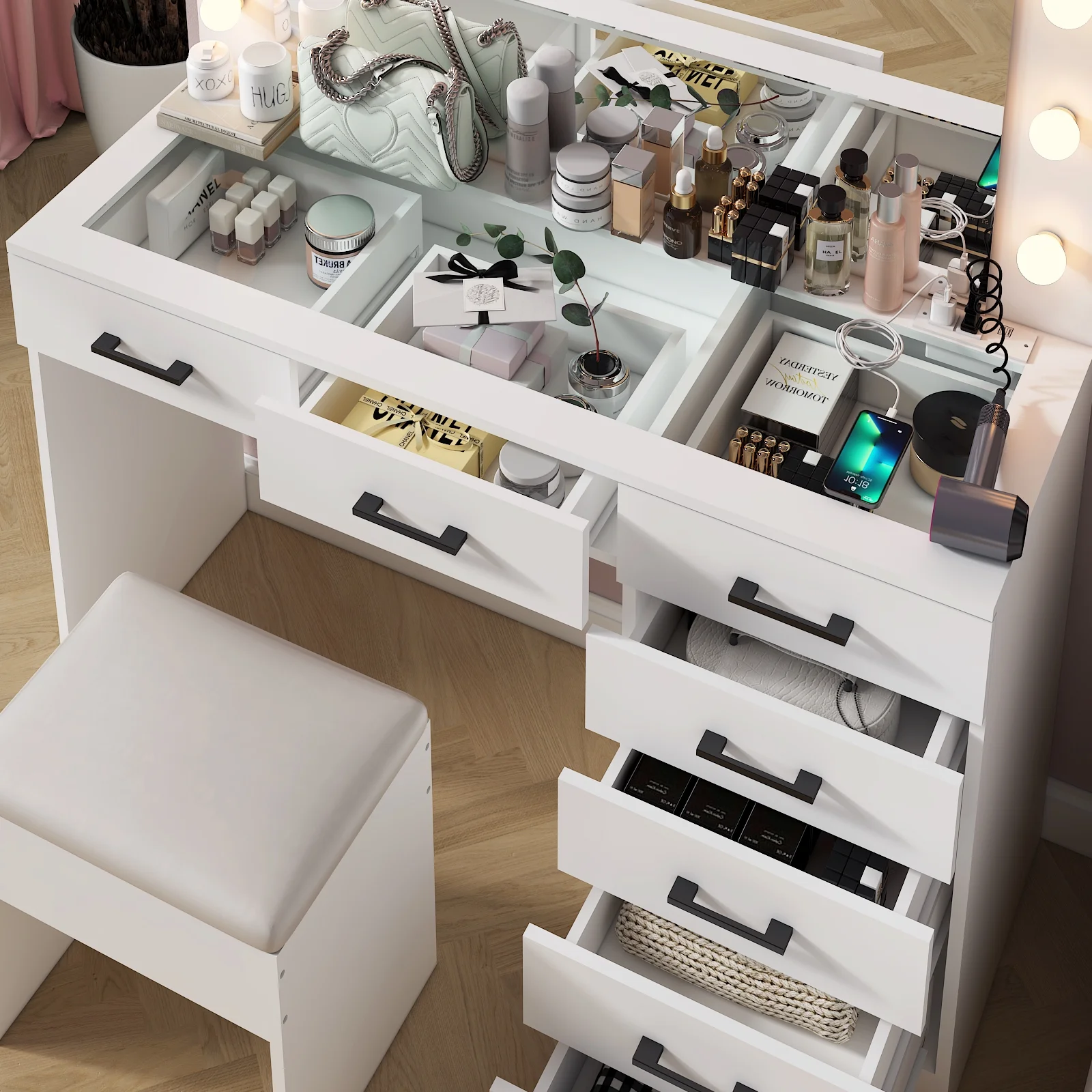 Ktaxon Large Makeup Vanity, Vanity Table Set w/ Visible Glass Top w/ Charging Station, White - Image 48