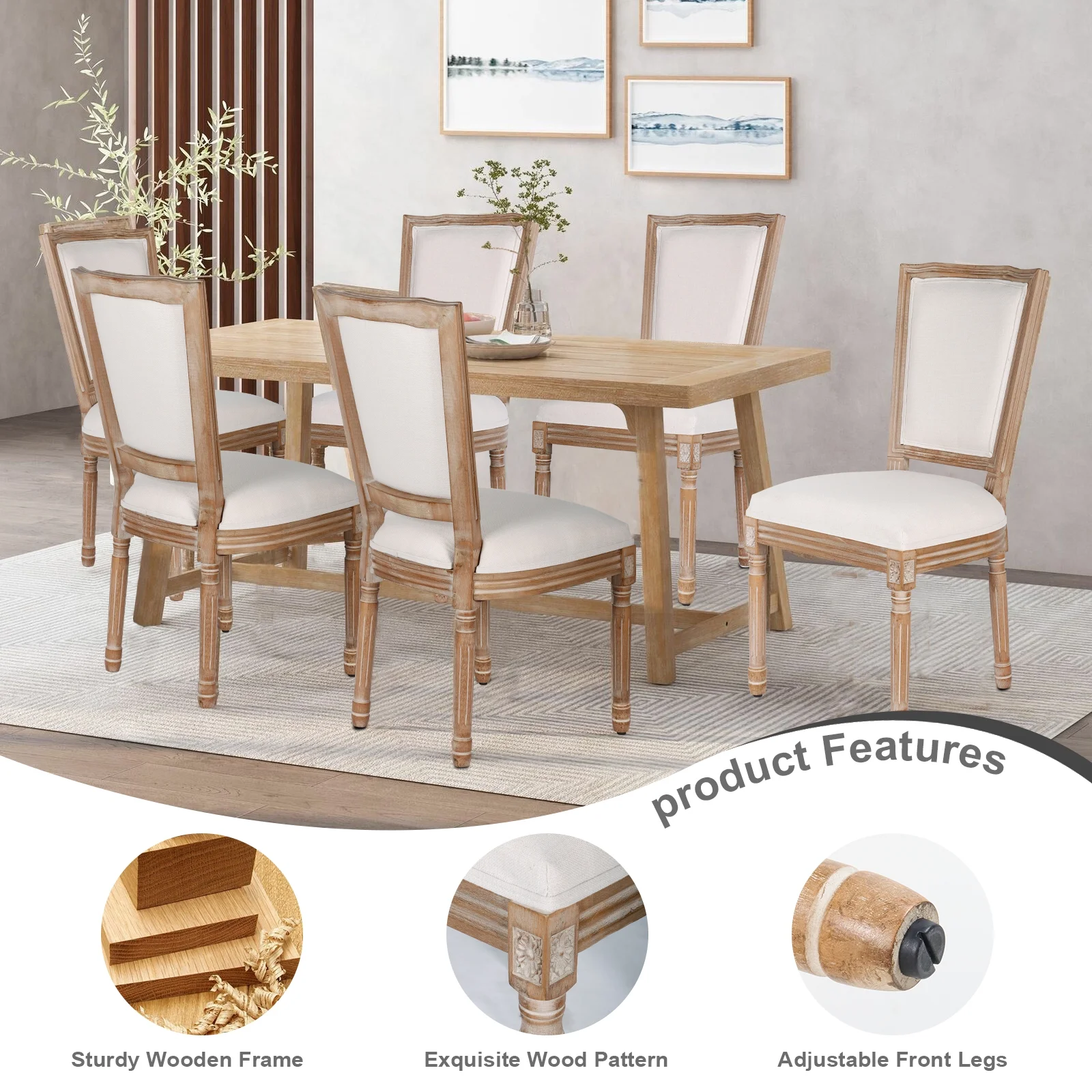 French Dining Chairs Set of 2 Beige Natural Fabric Round Back with Solid Wood Legs and Frame for Bedroom Dining Room Kitchen - Image 10