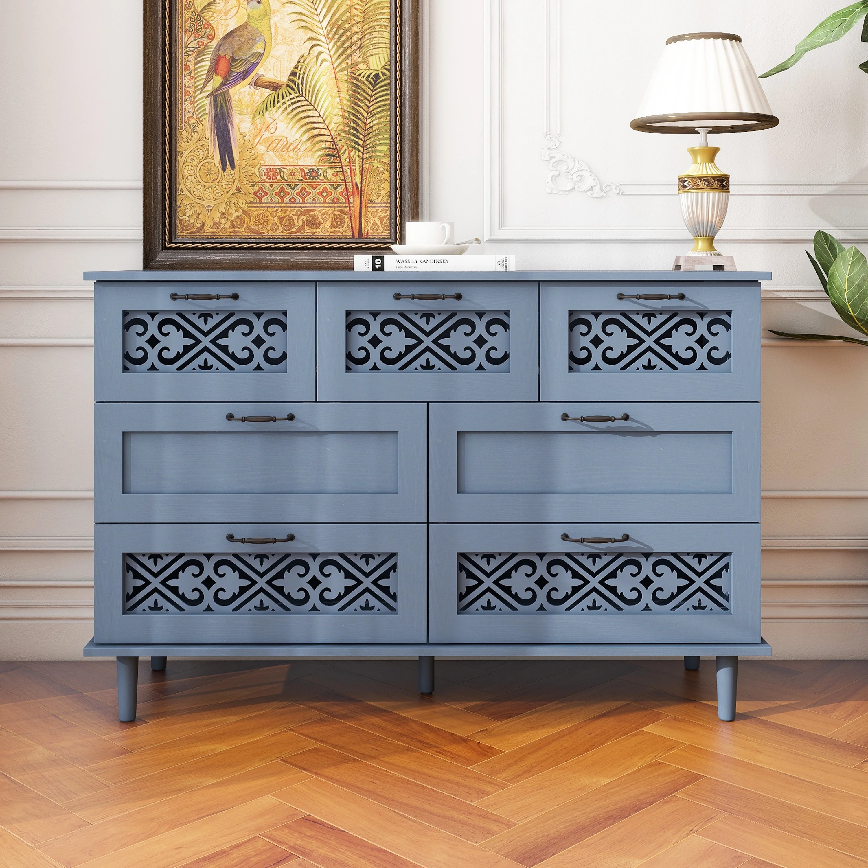 KINFFICT Sideboard Storage Cabinet with 7 Drawers, Mid-Century 47