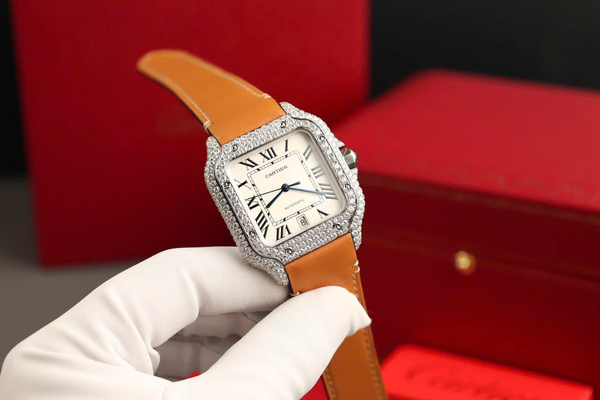 Cartier Santos White Dial Replica Watch Custom Diamonds Moissanite BV Factory 39.8mm - Top club