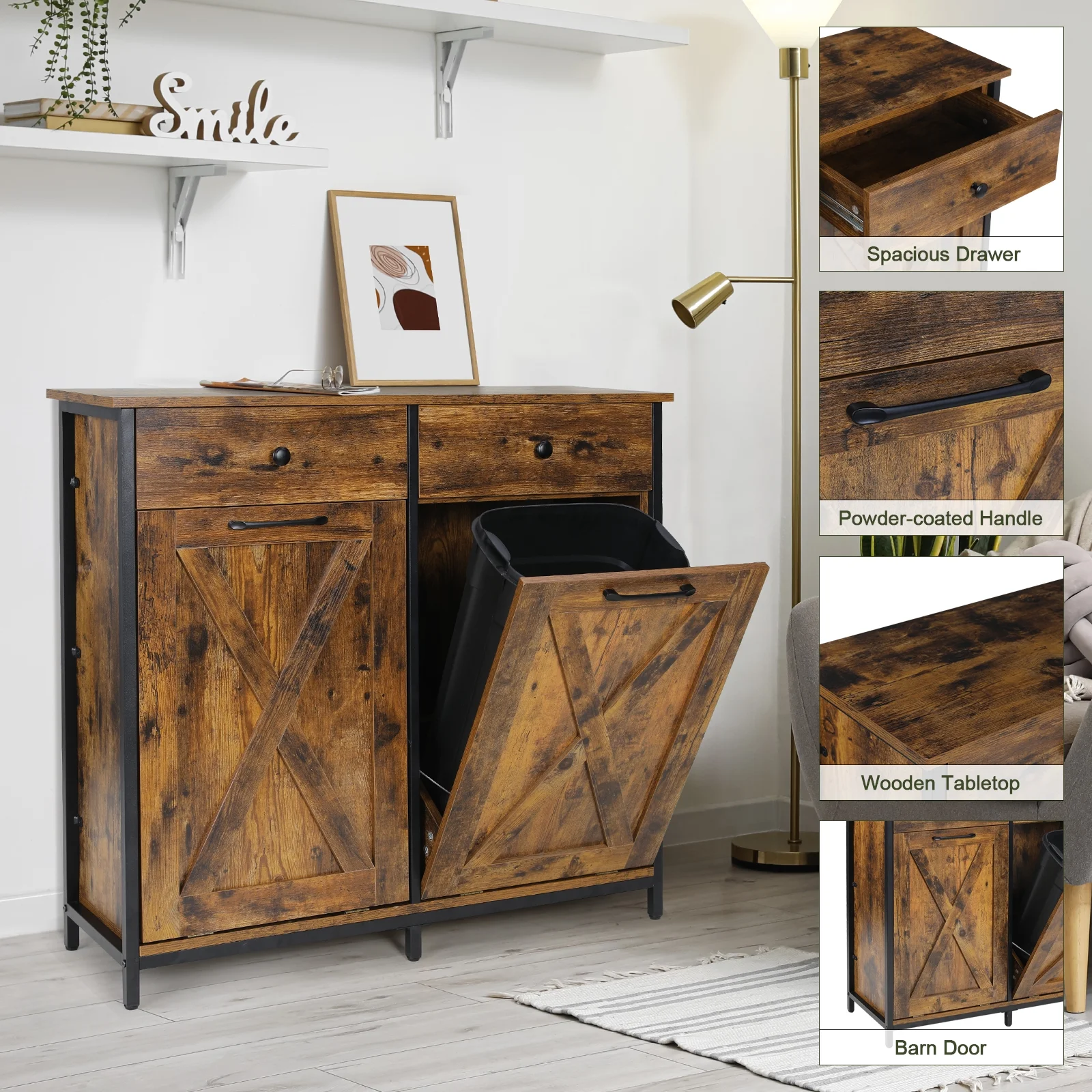 Pirecart 20 Gallon Double Tilt Out Trash Cabinet Wood Hidden Storage Cabinet, Recycling Cabinet with 2 Drawers, Black - Image 27