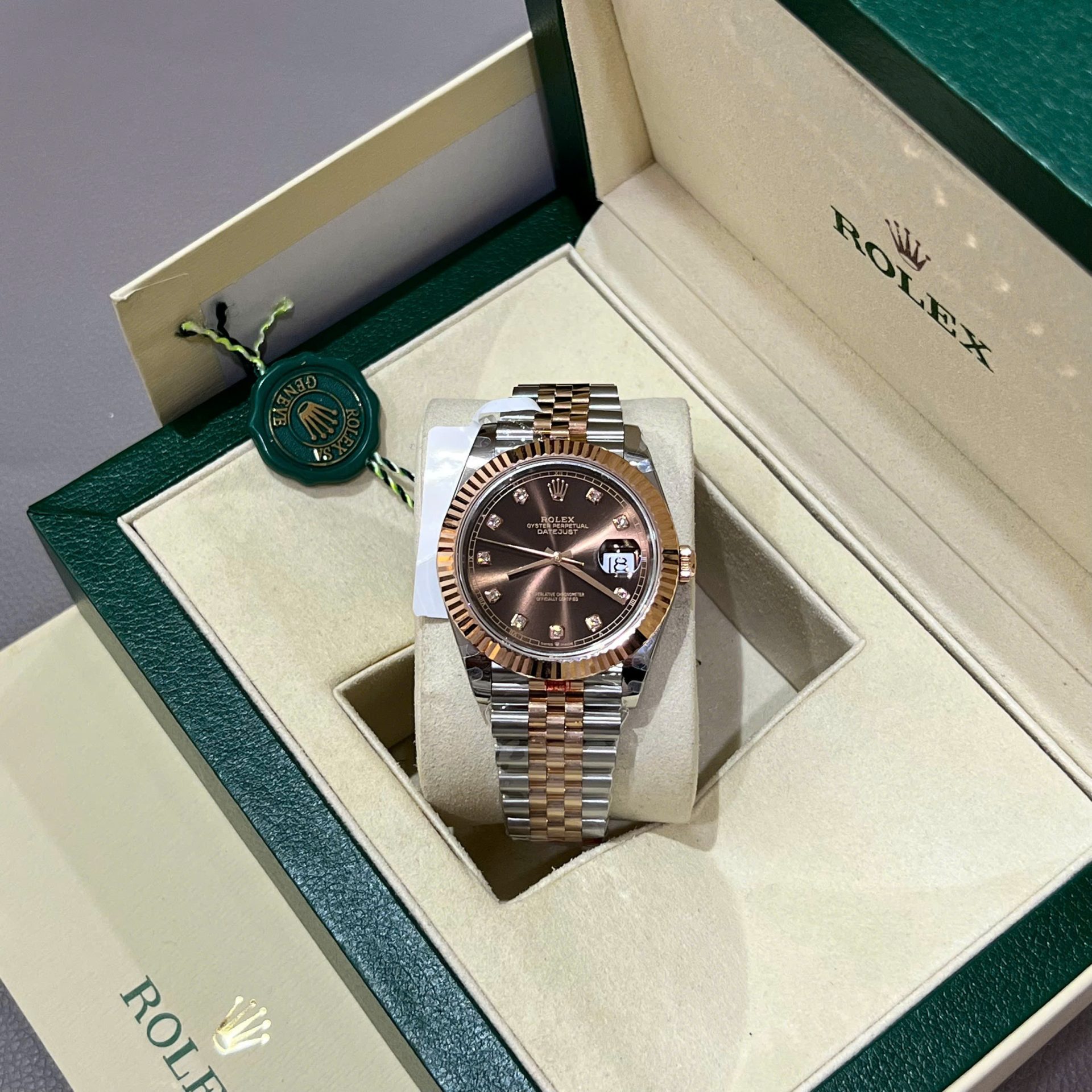 Rolex DateJust Dial Chocolate Replica Watch Custom Gold Wrapped GM Factory 41mm - Elite Watch Atelier