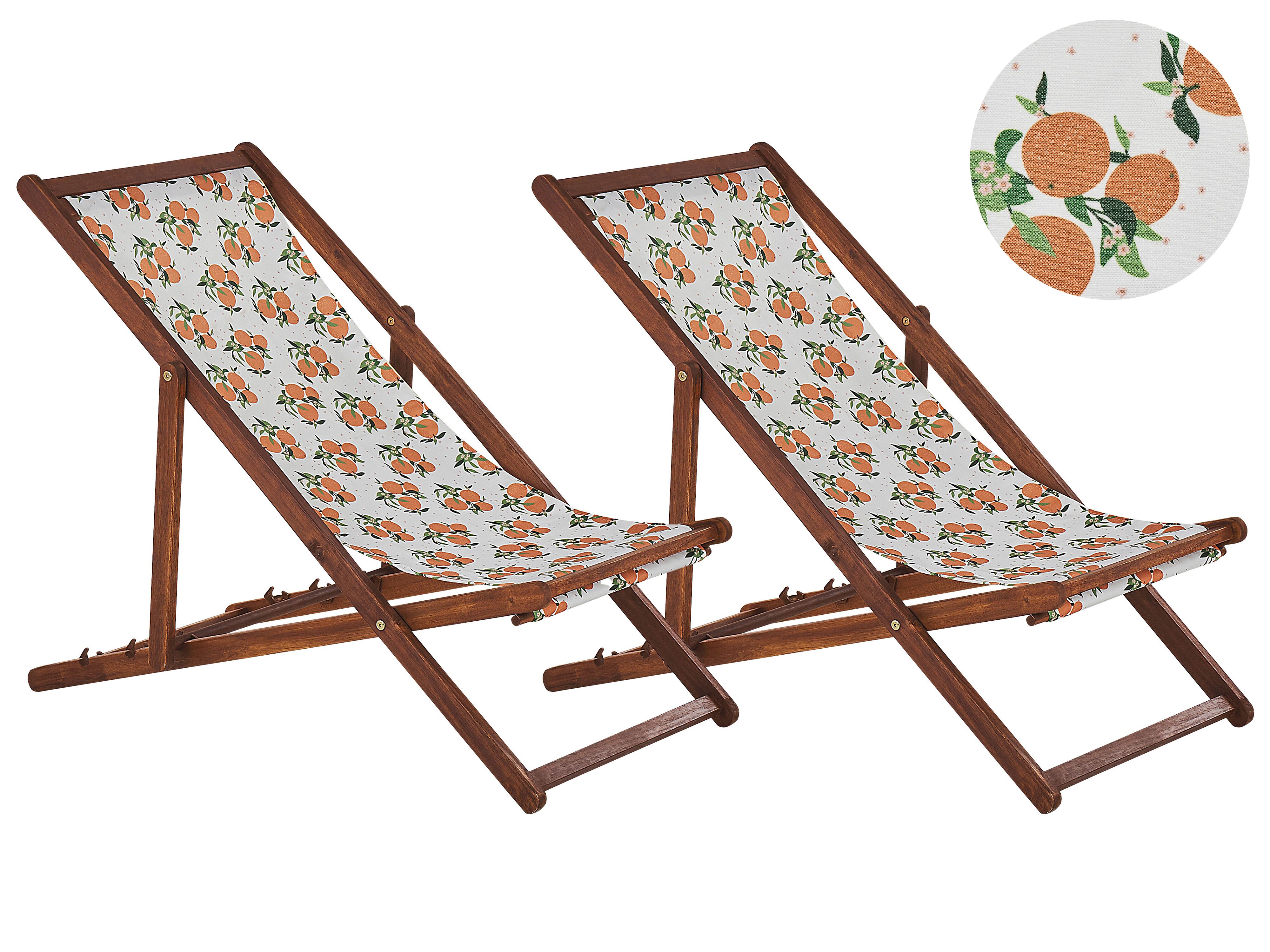 Set of 2 Folding Deck Chairs ANZIO with Replacement Fabrics Floral Motif Acacia Wood Dark Brown