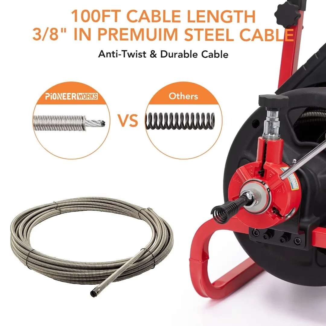 Drain Cleaner Machine, 100 Ft X 3/8 Inch Electric Drain Snake with 6 Cutters, Electric Drain Clog Remover Plumbing Tool for 2-4