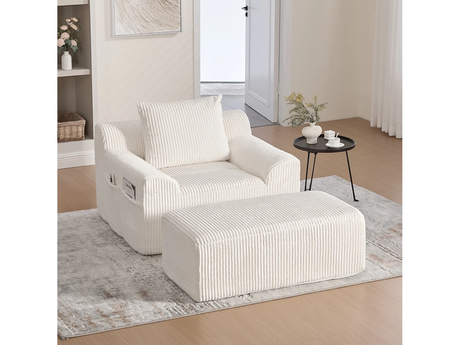Fauteuil en tissu côtelé avec étrier, poches latérales et coussins - Beige