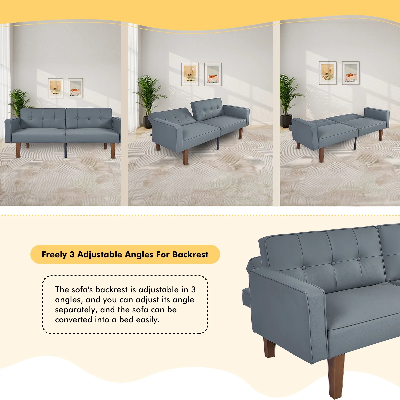 Sofa Bed, Convertible Memory Foam Futon Couch, Adjustable Sleeper Sofa Bed for Living Room, Gray - Image 21