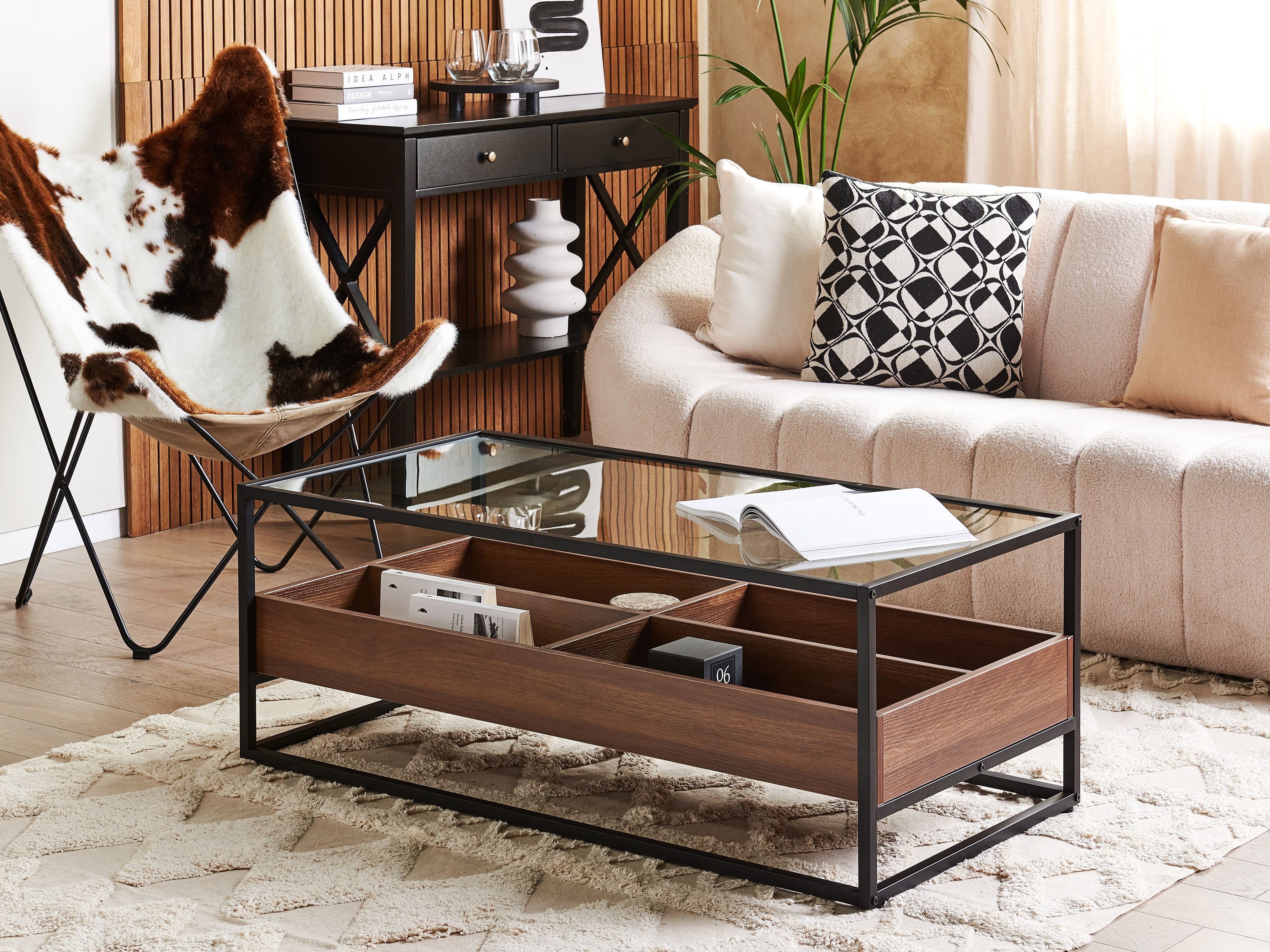 Coffee Table WACO Tempered Glass Black with Storage