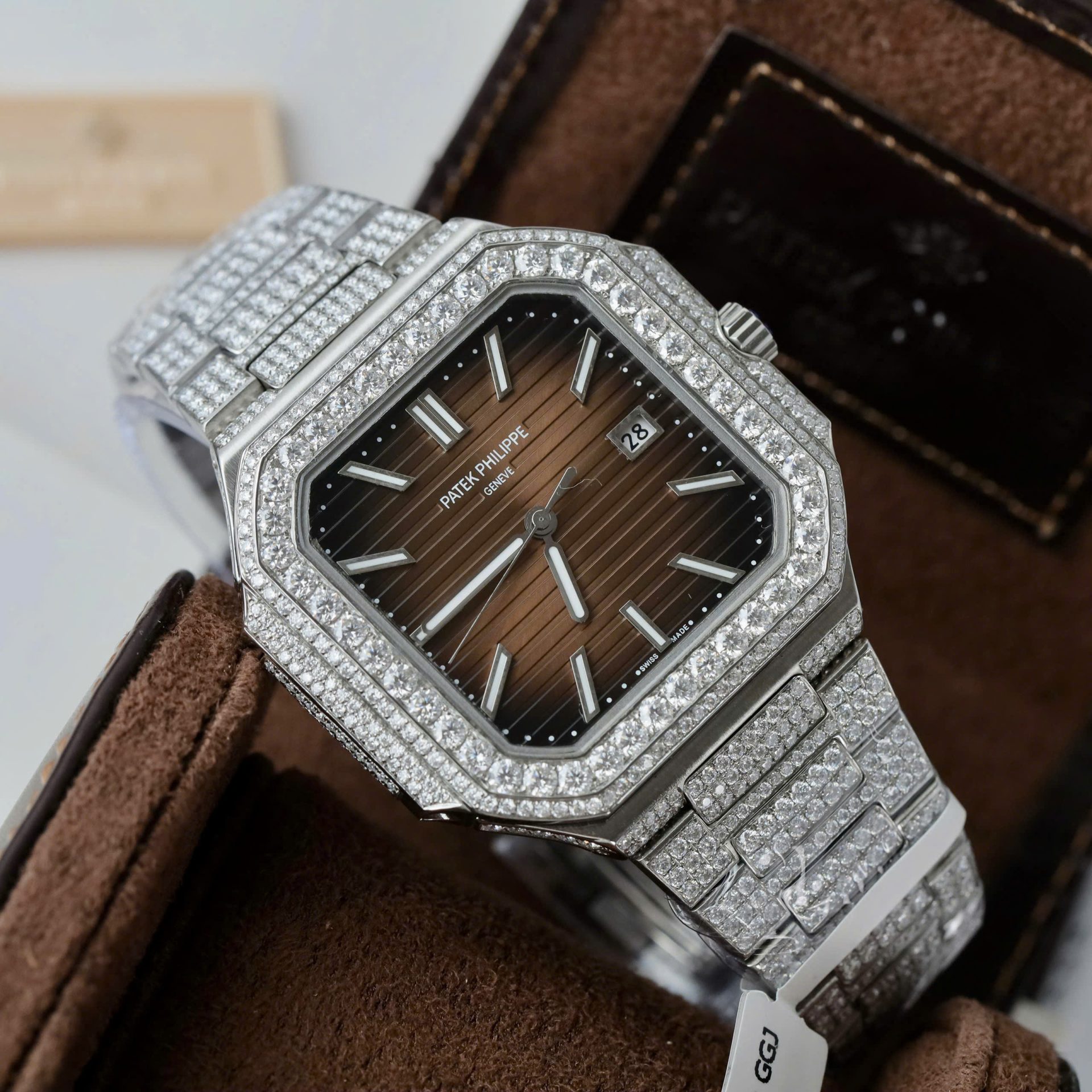 Patek Philippe Cubitus 5821 Dial Brown Replica Watch Full Diamonds Moissanite Hong Kong 45mm - Top club