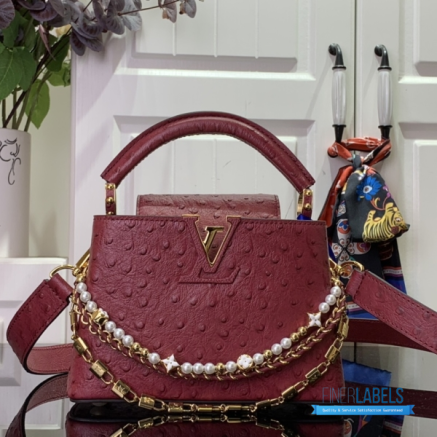 Burgundy Ostrich Leather Mini Handbag with Pearl Chain1:1High-quality replica
