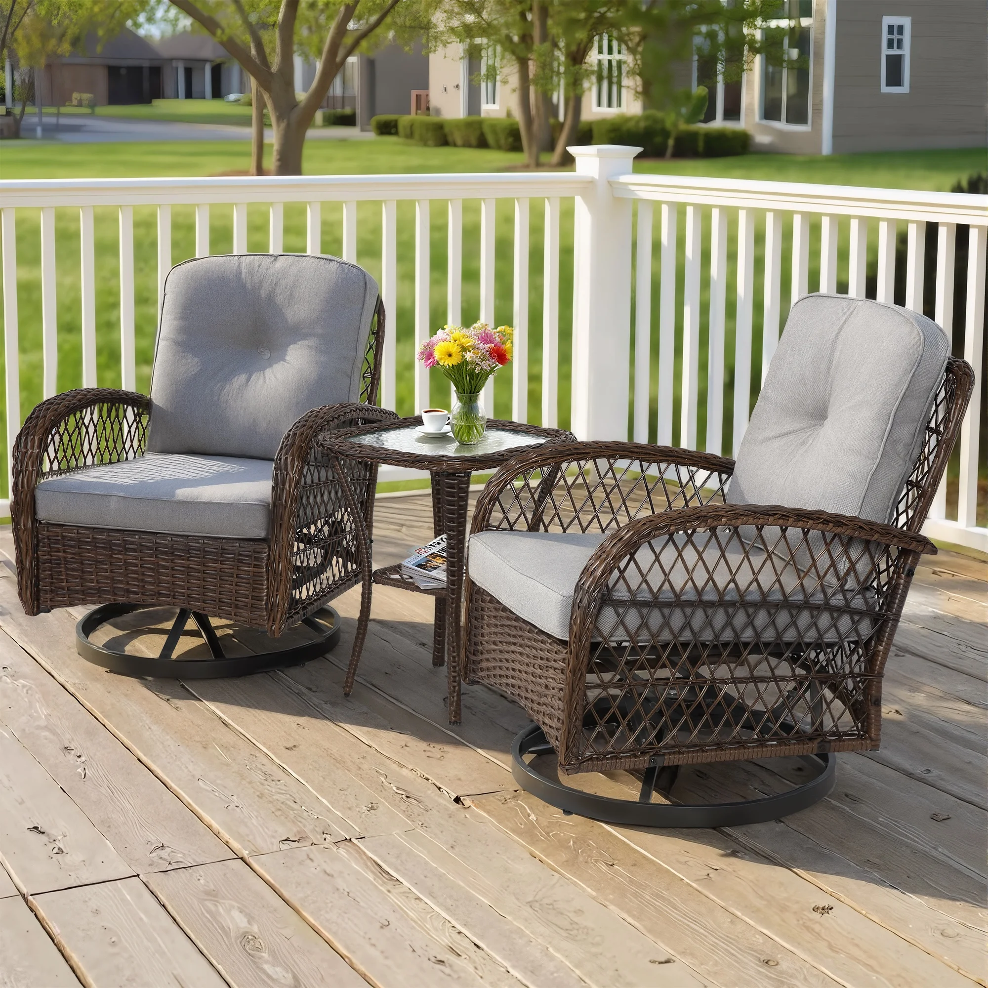 3 Piece Patio Swivel Rocker Chairs Set, 2 360-Degree Swivel Rocking Chairs with 1 Glass Top Table, PE Rattan Outdoor Bistro Set with Cushions for Balcony Deck Poolside Backyard Porch - Image 28