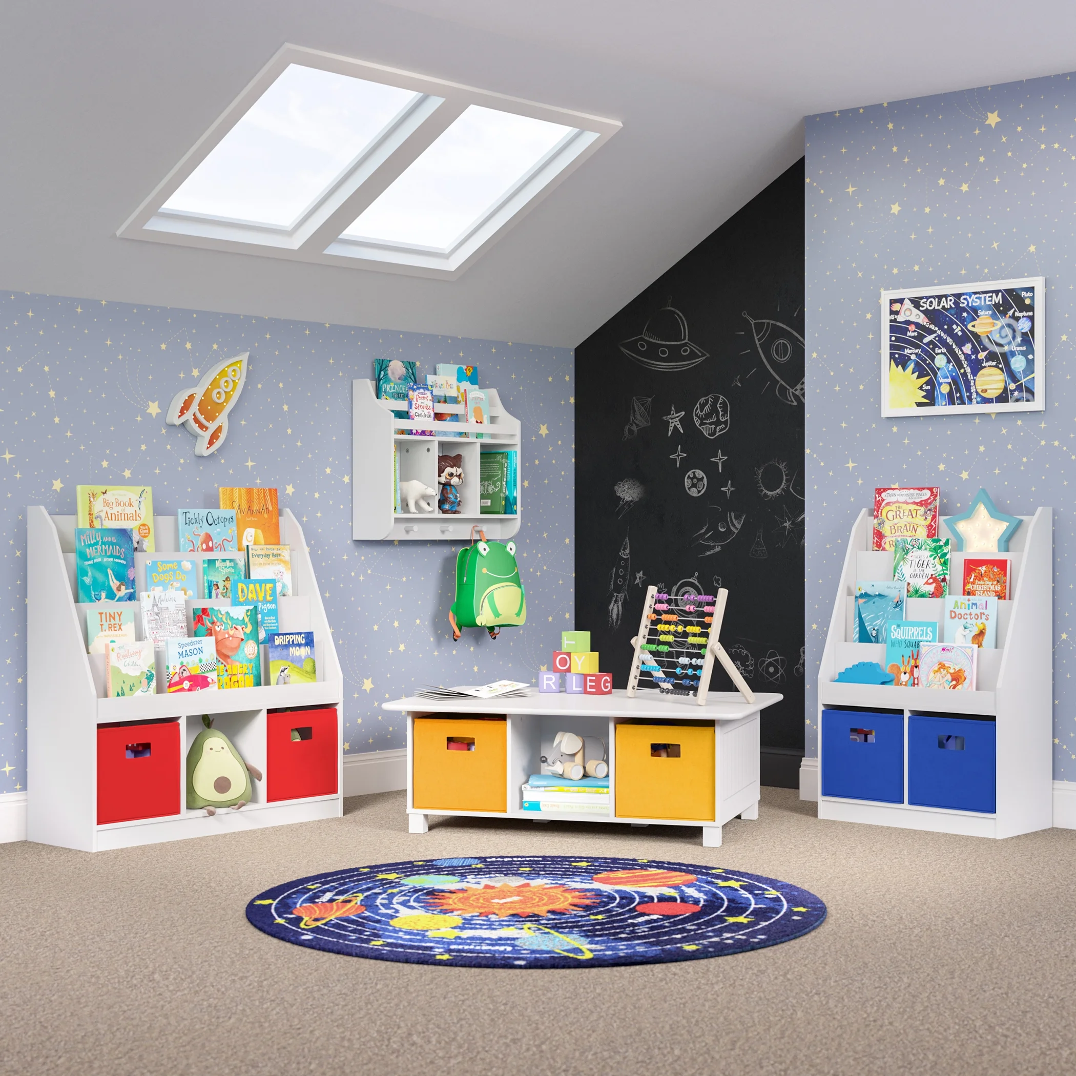 RiverRidge Kid Bookshelf Toy Storage Organizer with 4 Bookracks 2 Cubbies and 2 Gray Bins - Image 21