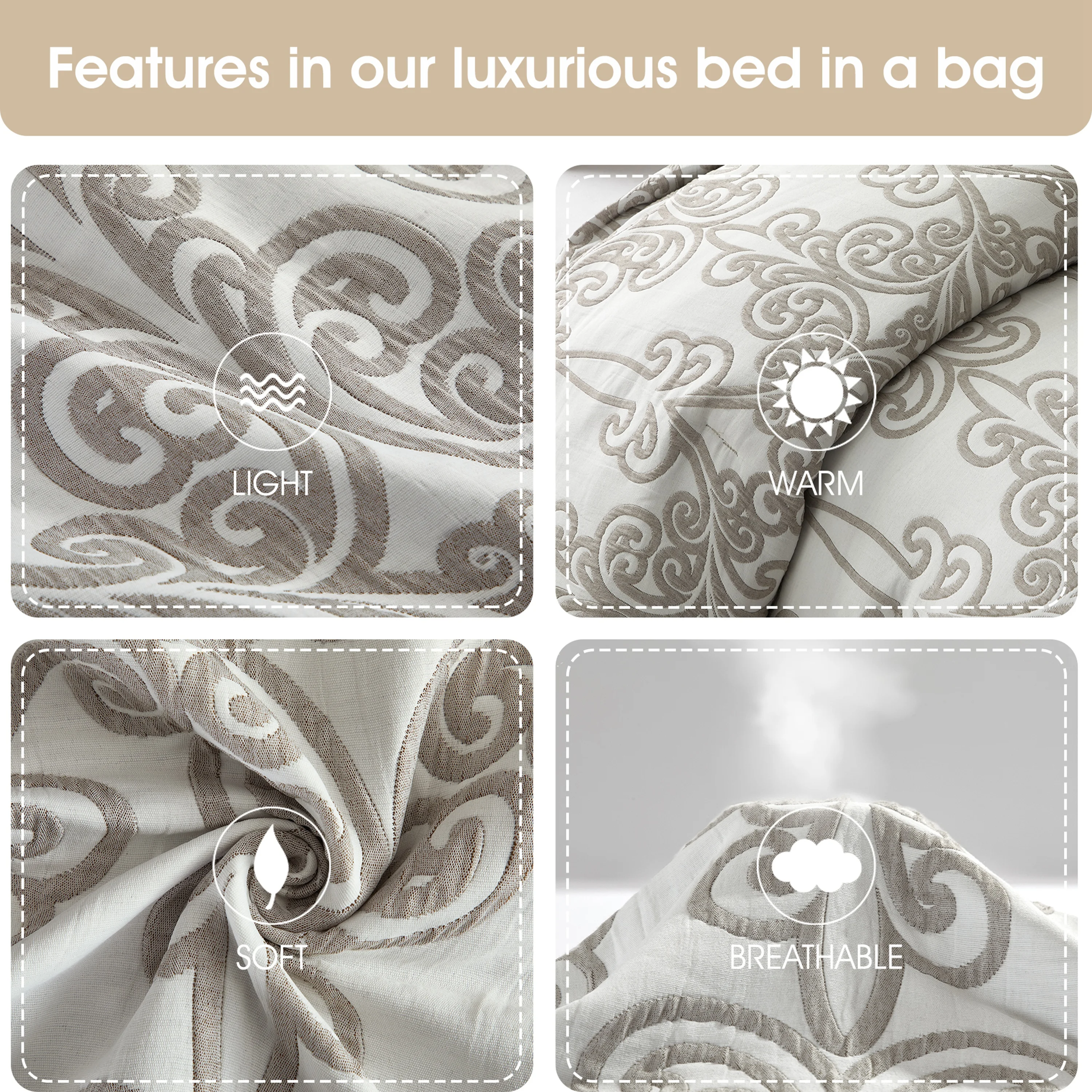 Lanco Smoke Grey Comforter Set California King Size, 9 Piece Jacquard Floral Bedding Set, All Season, Ultra-Soft, Matching Pillows & Shams, Bed Skirt - Image 9