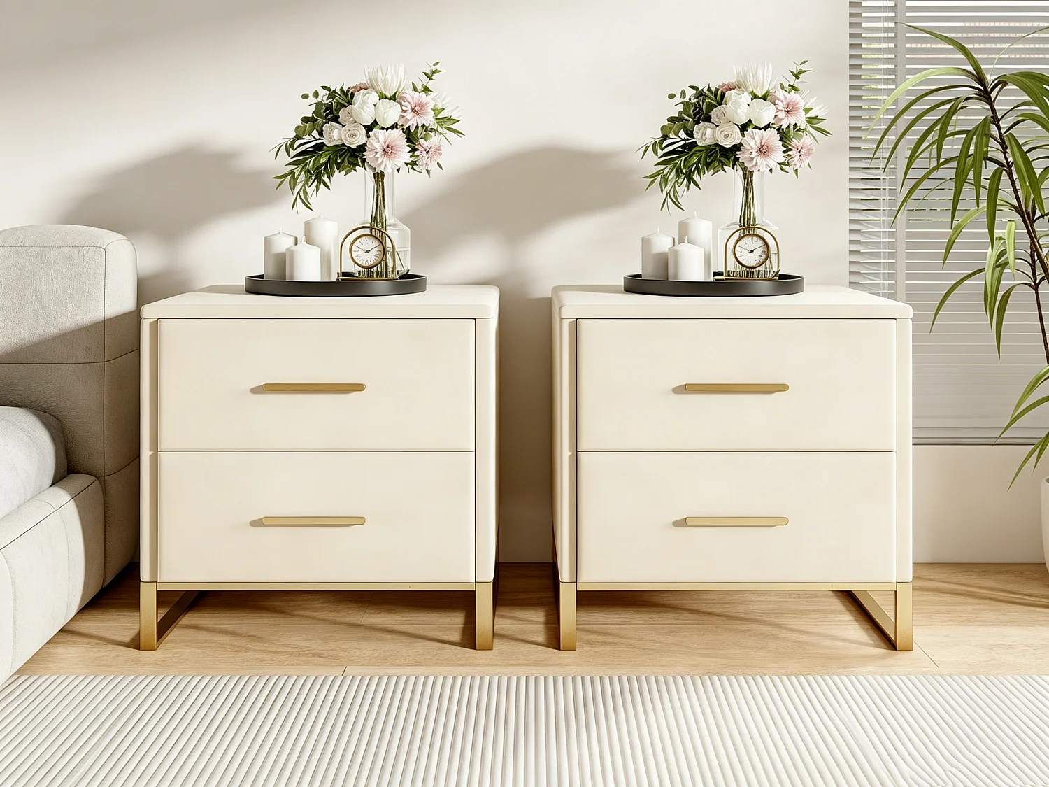 Lot de 2 Table de Chevet, Table de de chevet beige velours avec 2 tiroirs, Armoire de Chevet, Meuble de chambre, Table de Nuit