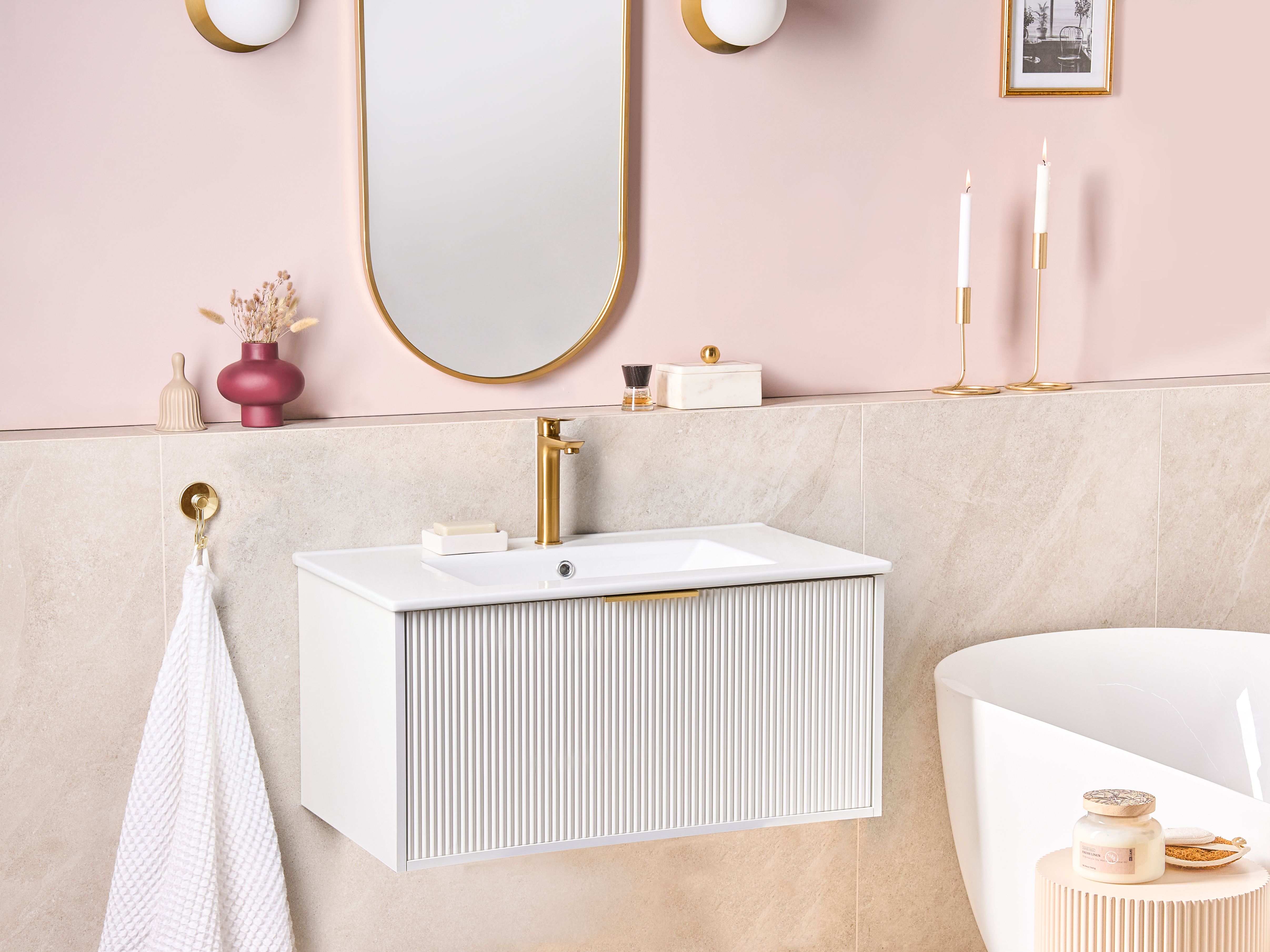 Wall Mounted Vanity Unit with Basin with Gold Handle TILCARA White