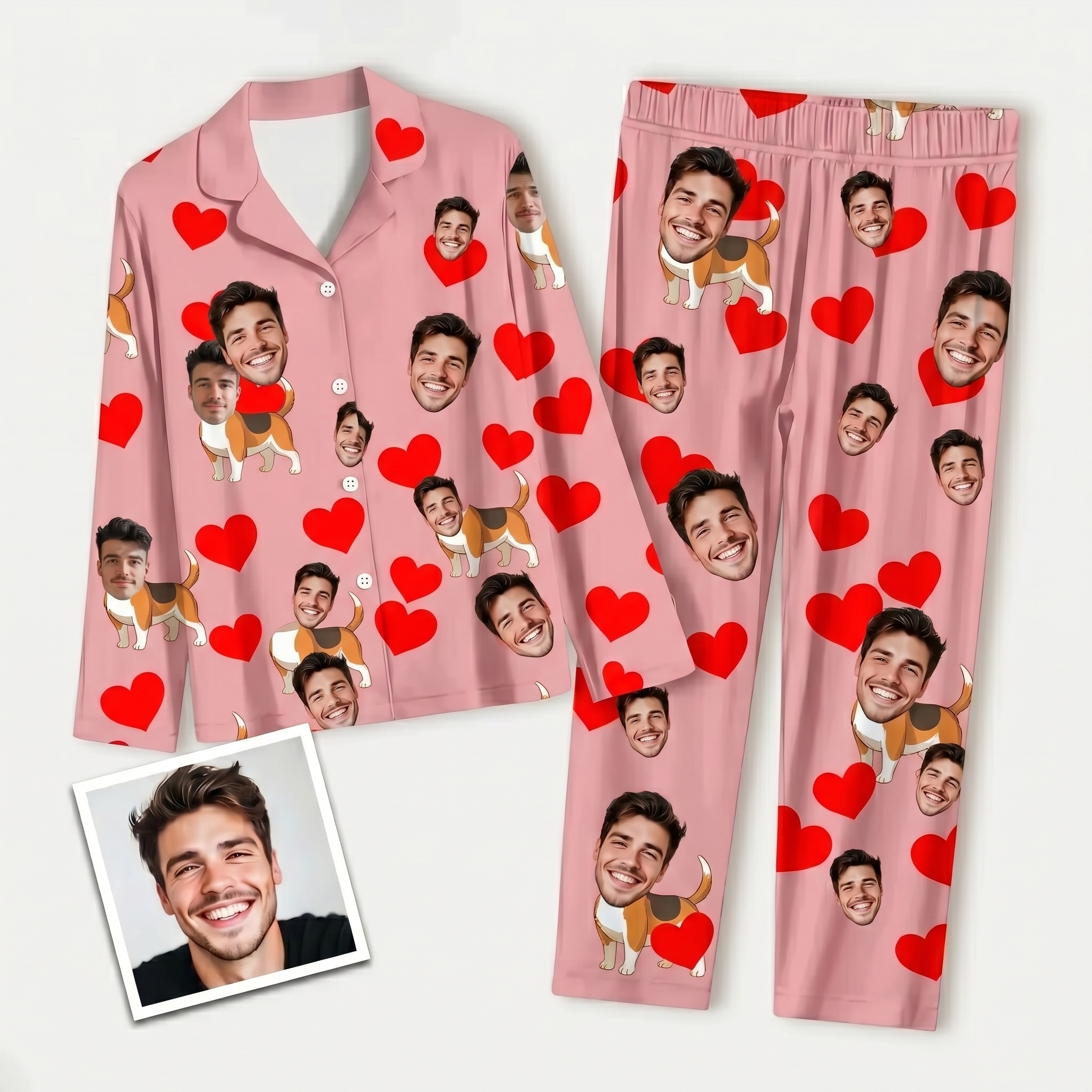 Customized pink pajama shirt and pants set with a face and hearts pattern laid flat next to a sample portrait photo