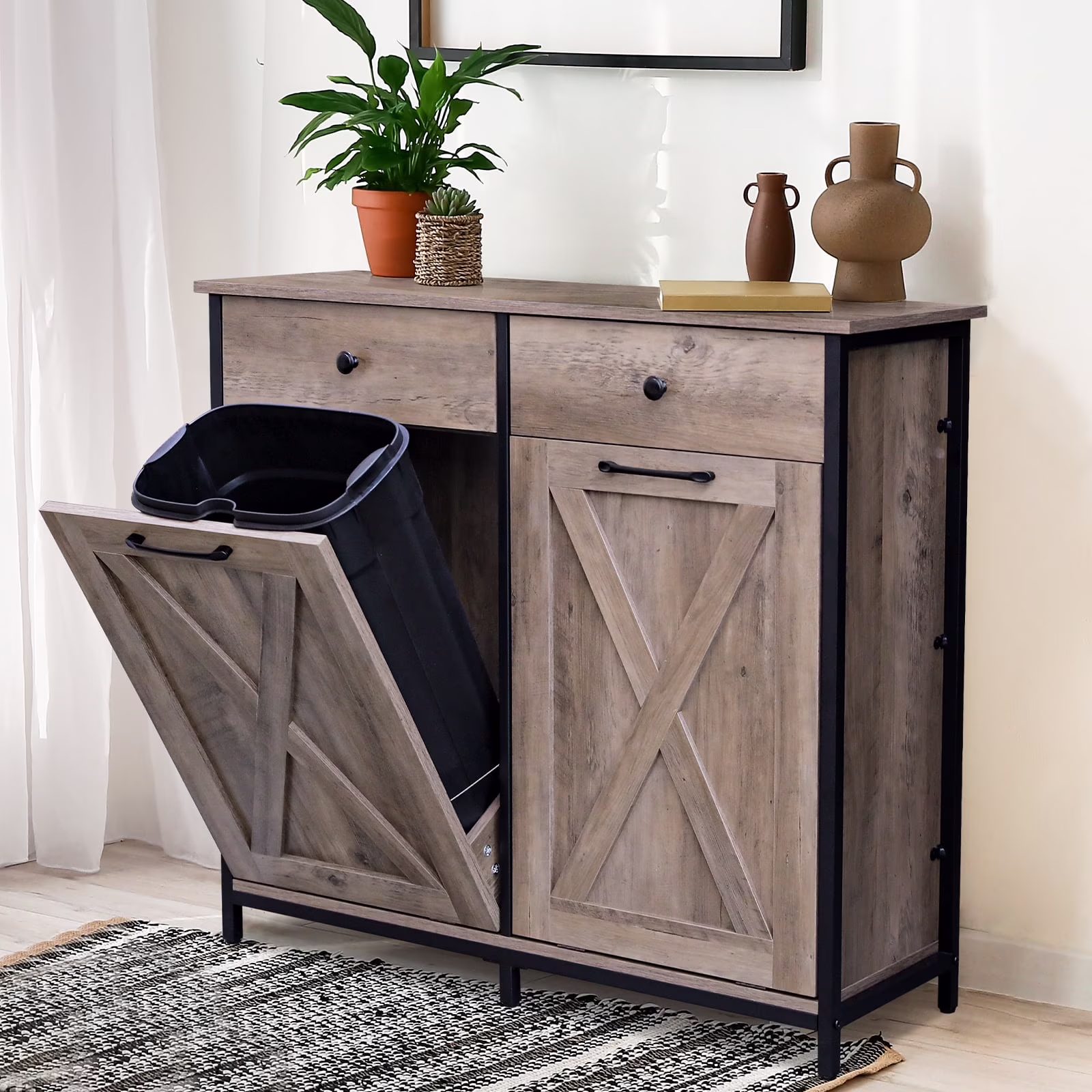 Pirecart 20 Gallon Double Tilt Out Trash Cabinet Wood Hidden Storage Cabinet, Recycling Cabinet with 2 Drawers, Black - Image 3