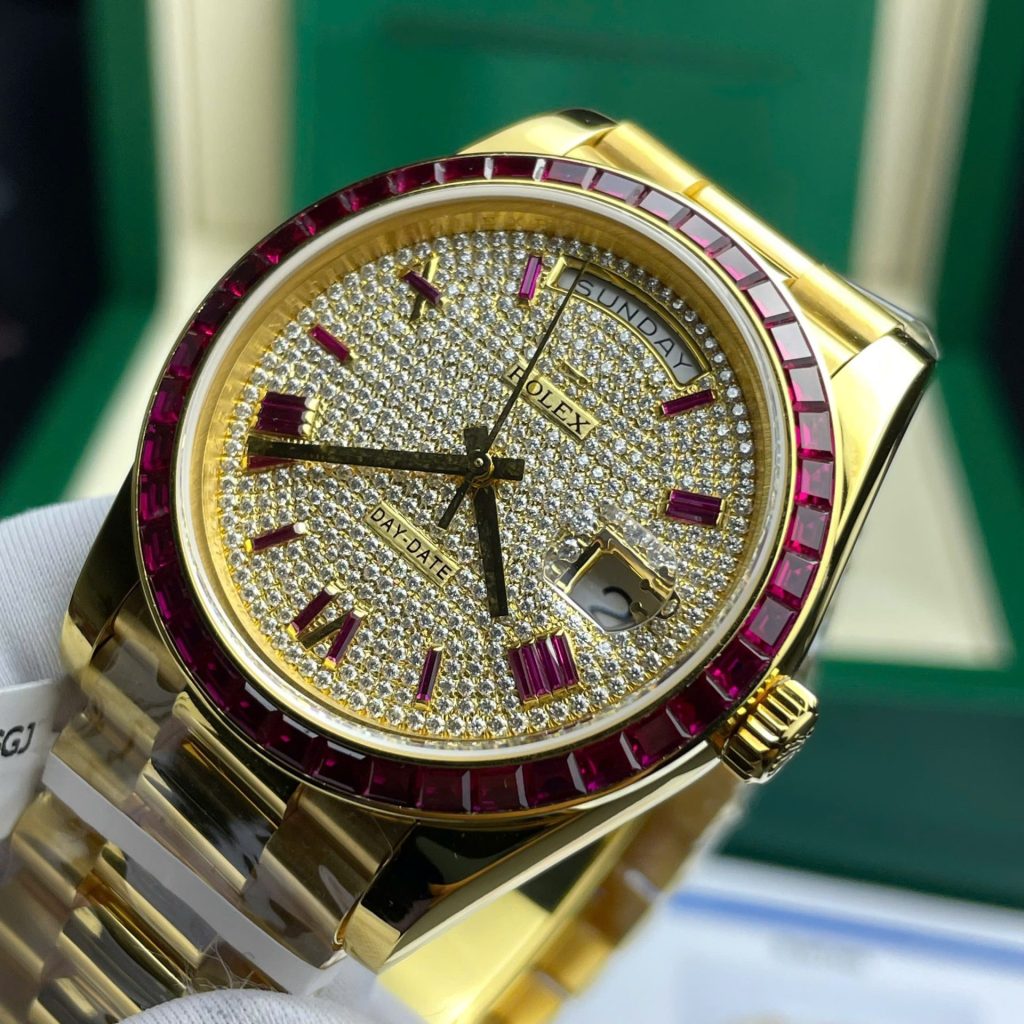 Rolex Day-Date Replica Watch Ruby Red + Moissanite Diamonds Gold Wrapped GM Factory 40mm - Top club