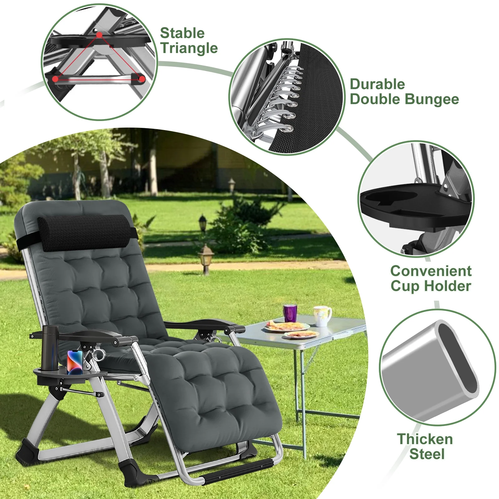 NAIZEA 2 Pack Zero Gravity Chair, Foldable Portable Lawn Recliner with Cushion, Headrest, Cup Holder, Black - Image 42