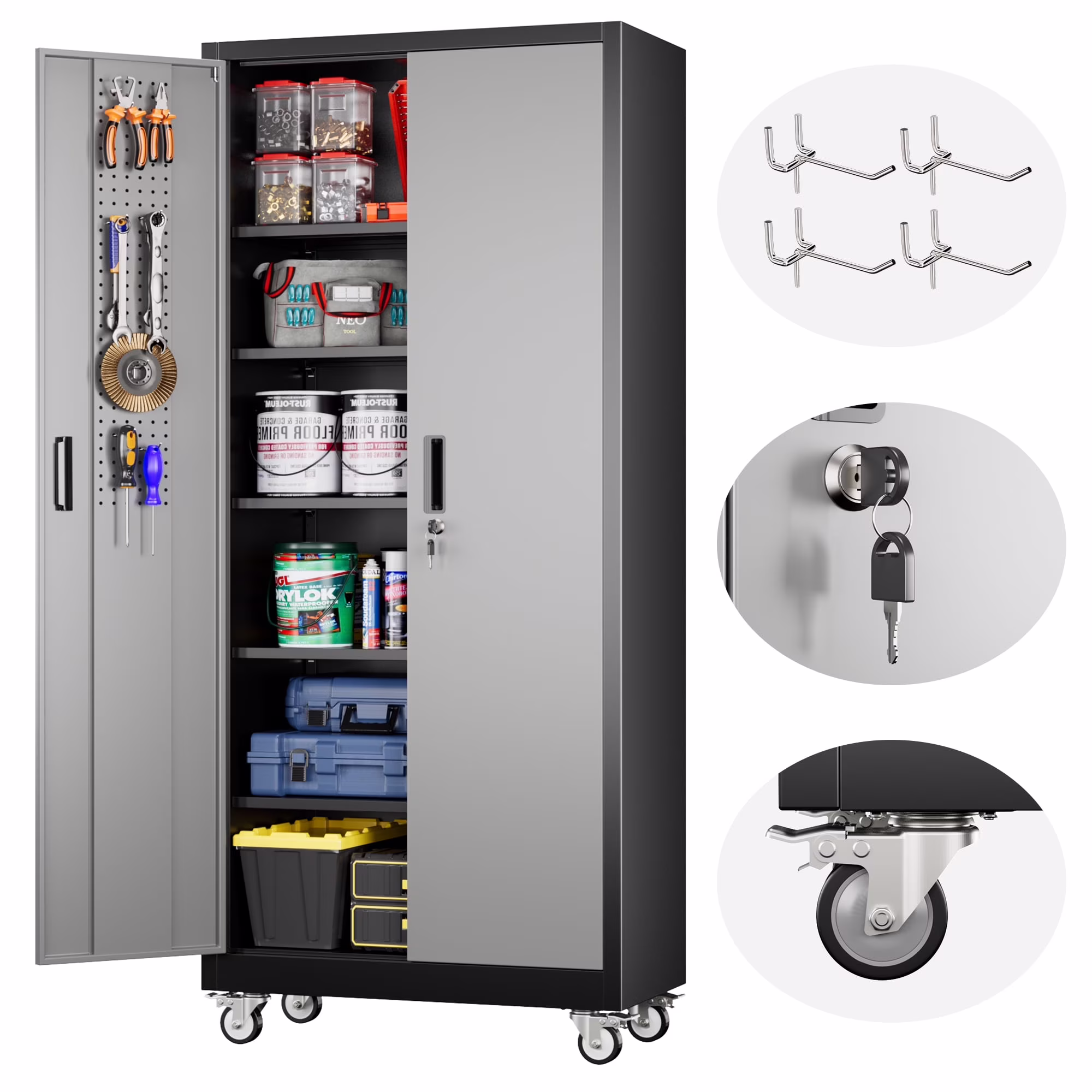 GangMei 71 inches Tall Metal Rolling Garage Storage Cabinets with Locking Doors and 5 Adjustable Shelves, Metal Storage Cabinet for Garage, Office, Home, Classroom, Assemble Required(Black) - Image 7