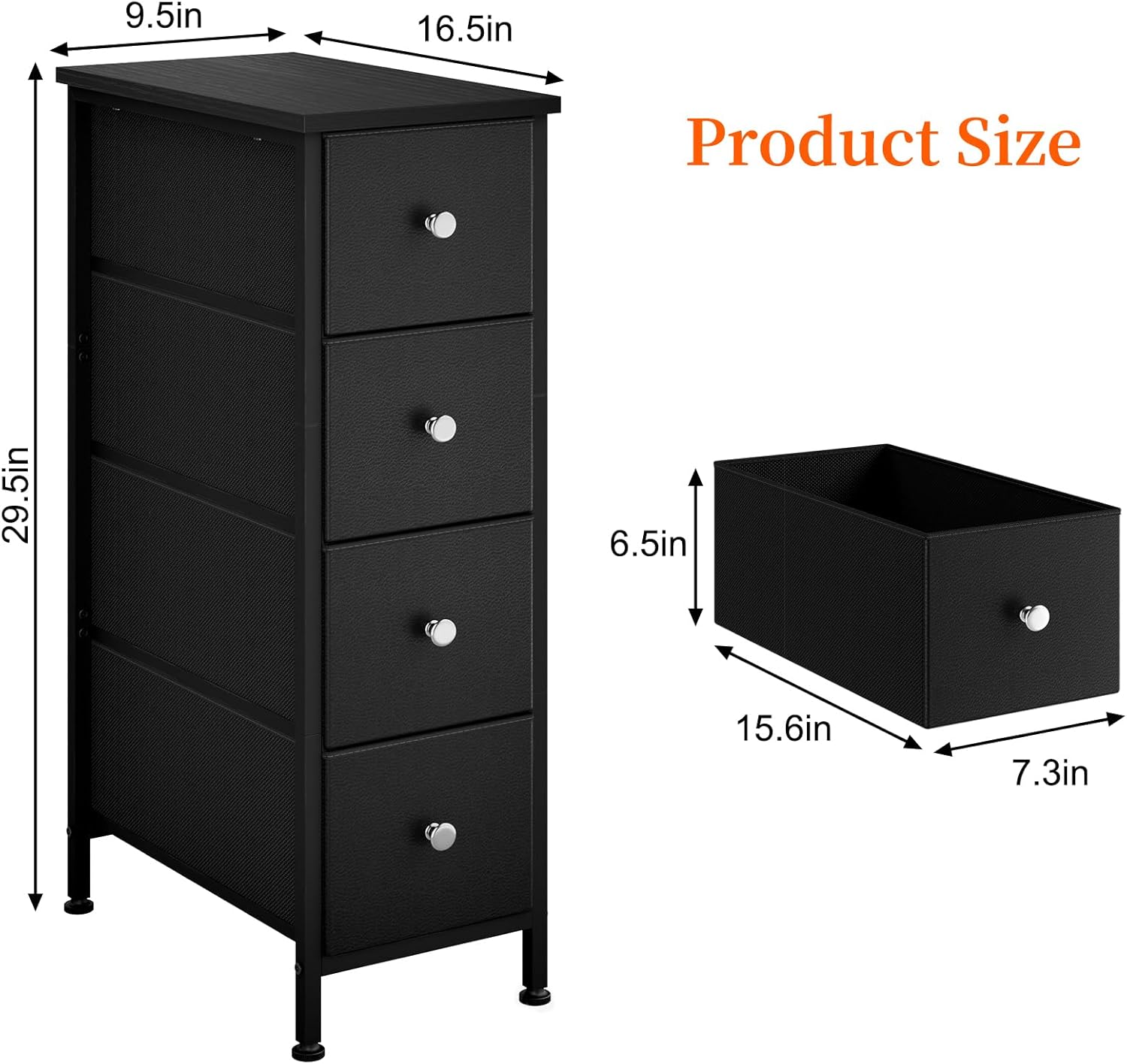 Black Narrow Storage Cabinet with 4 Fabric Drawers, Slim Storage Dresser - Image 4 Black Narrow Storage Cabinet with 4 Fabric Drawers, Slim Storage Dresser - Image 4