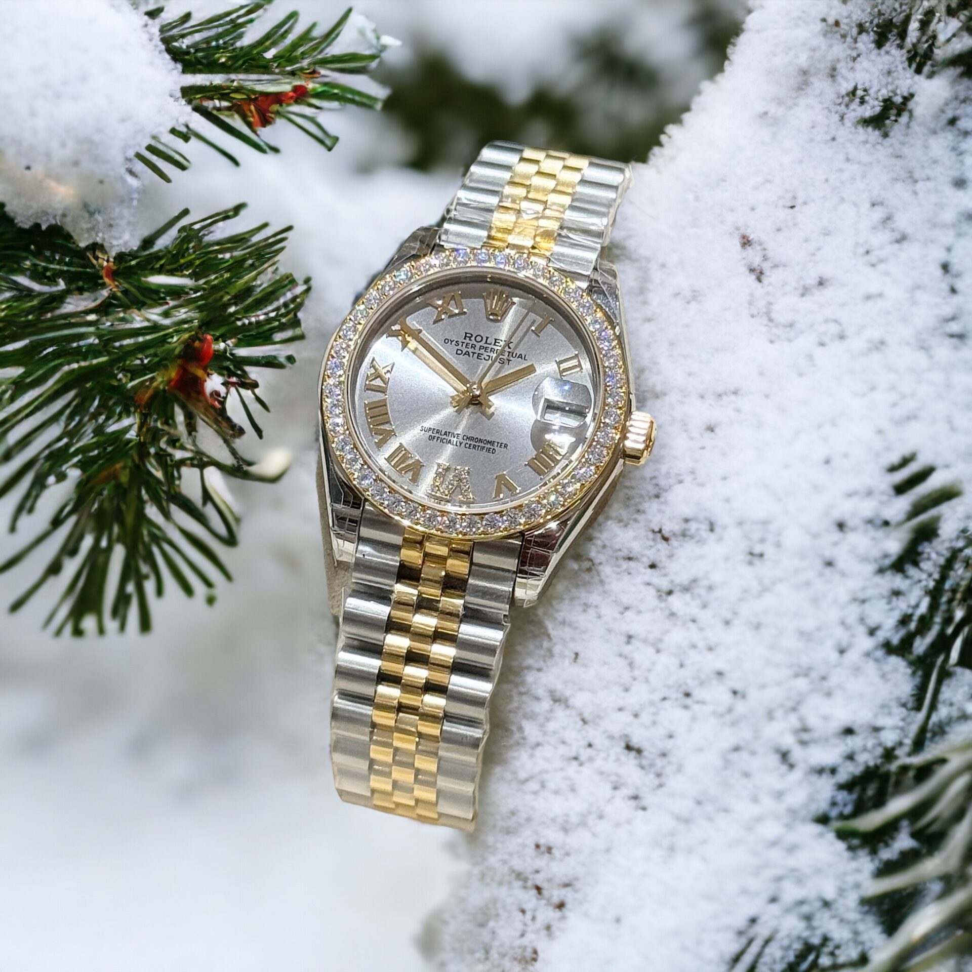 Rolex DateJust Replica Watch With Moissanite Diamonds Demi Gold 31mm - Elite Watch Atelier