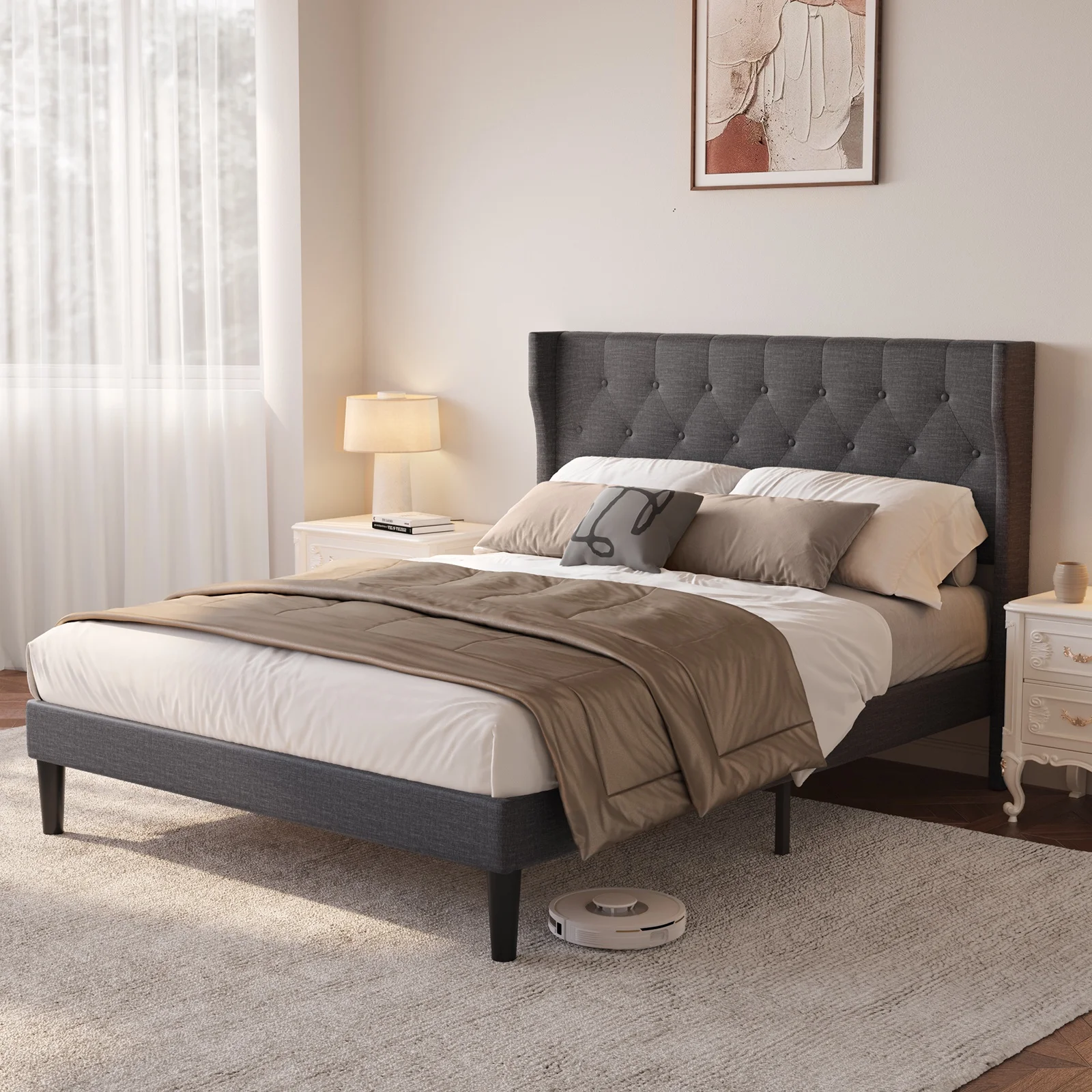 Noelse Bedroom Furniture Set, Includes Queen Bed Frame, Nightstands Set of 2, 5 Drawer Dresser and 6 Drawer Dresser, Storage Solution for Modern Home, Gray/Black