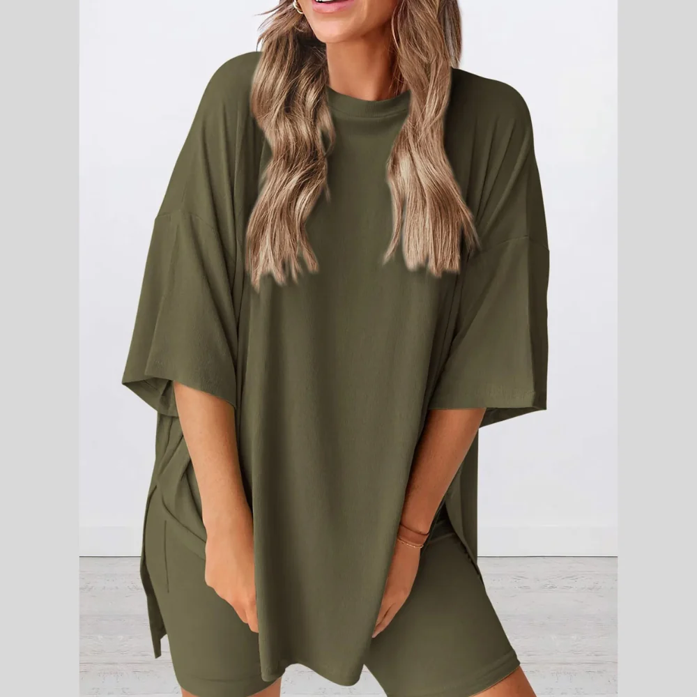 Full Size Oversized Slit Round Neck Top and Shorts Lounge Set Plus Size - ZKZOOK