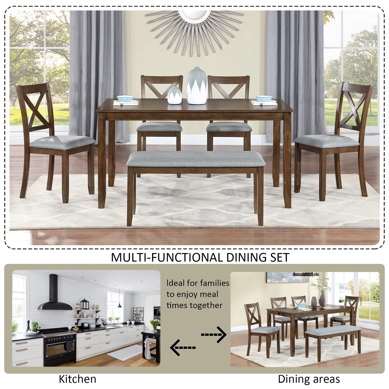 Dining Room Set, LEGAHOME 6 Piece Dining Sets with Bench and Chairs, Solid Wood Kitchen Dining Table Set for 6 with Upholstered Chairs, Gray - Image 19
