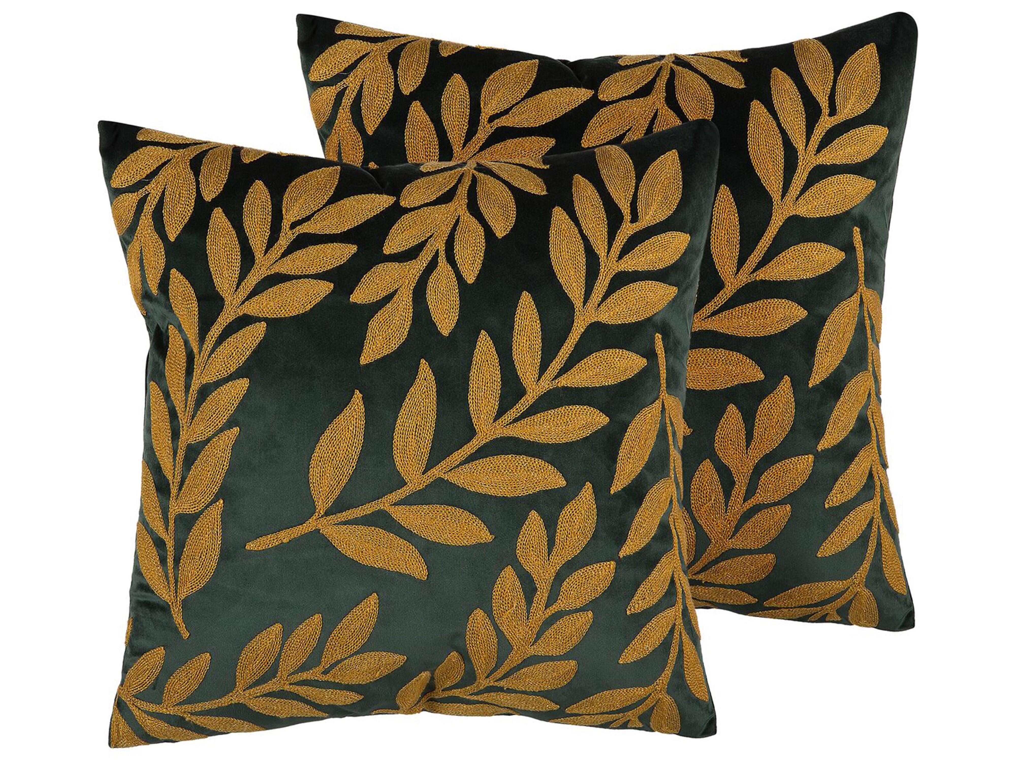 Set of 2 Decorative Cushions MISTLETOE Velvet 45 x 45 cm Green Gold Plant Pattern