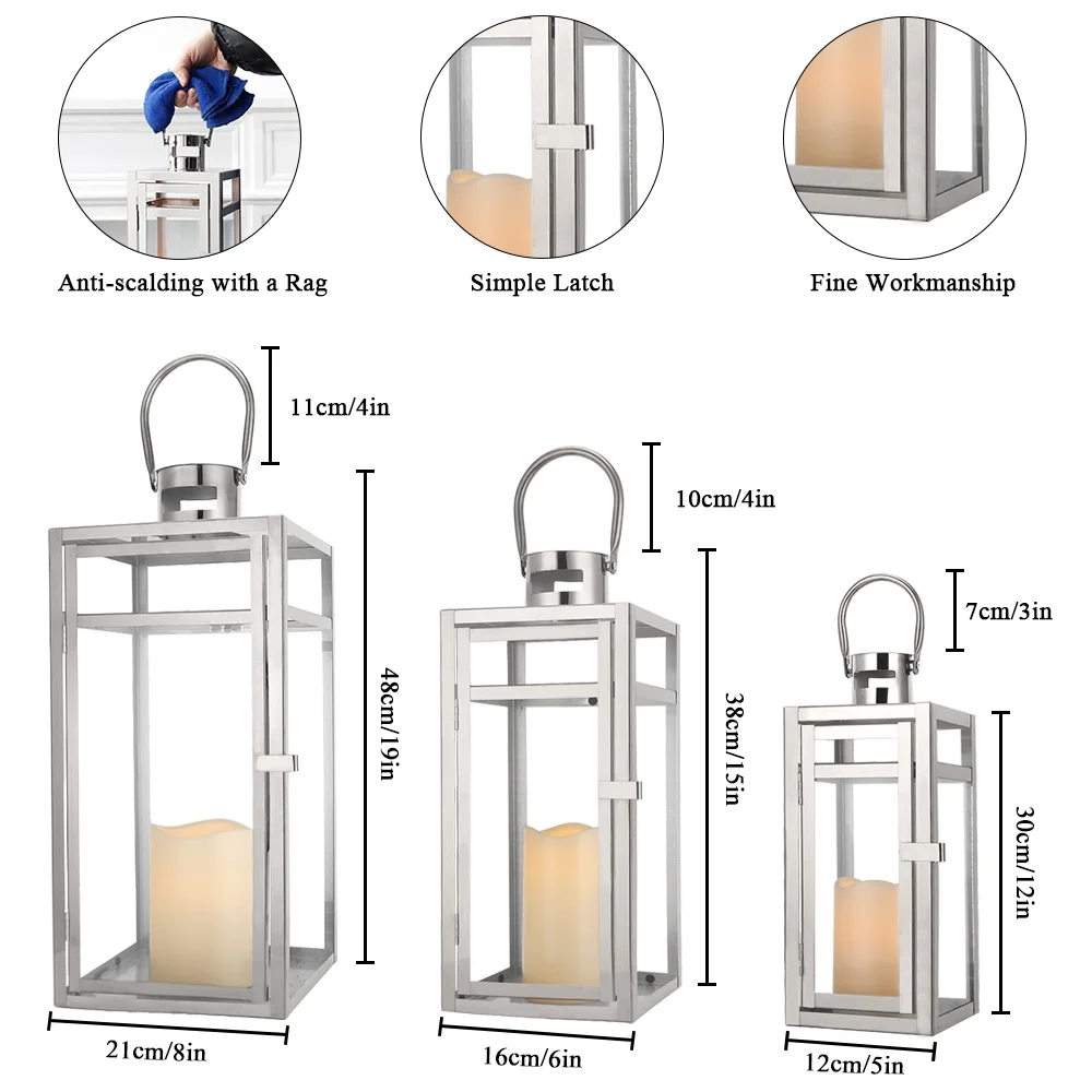 Stainless Steel Lantern Set of 3 12/15/19" Metal Lanterns with Tempered Glass for Parties & Events (Silver ) - Image 6