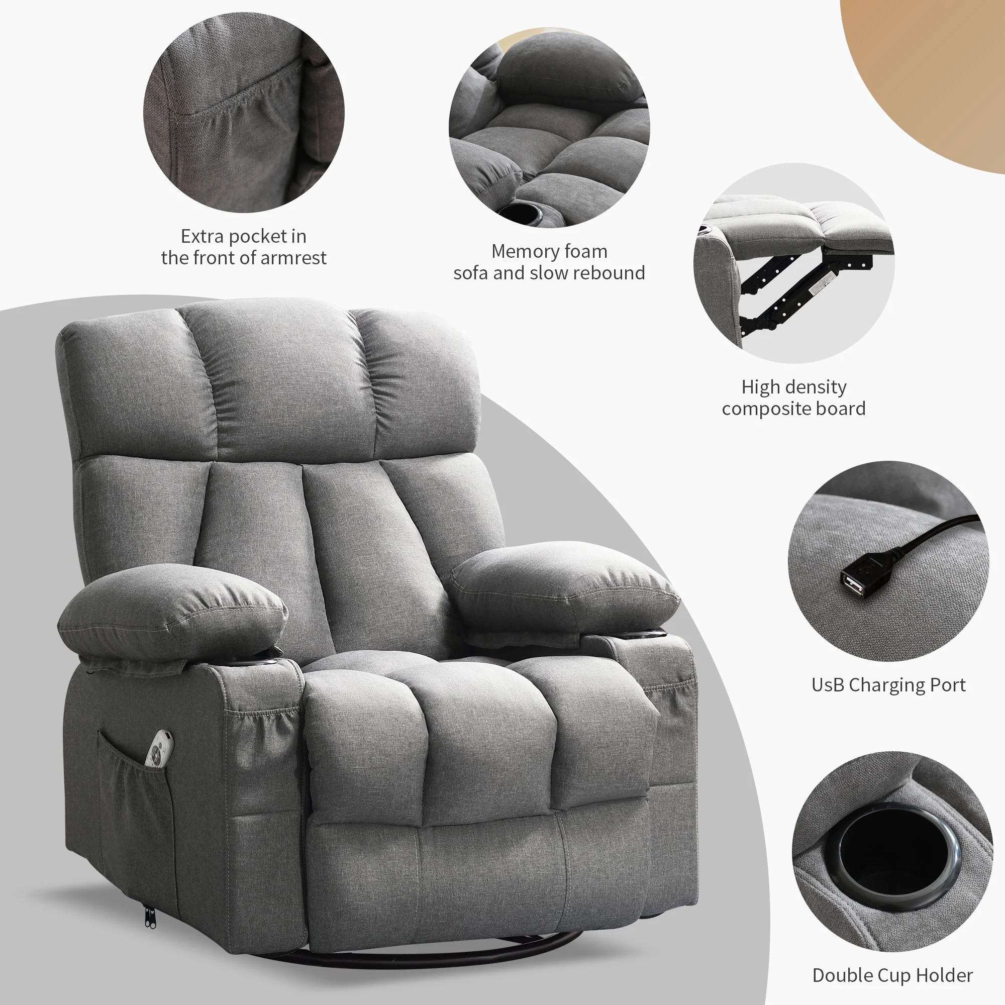 JONPONY Manual Recliner Chair with Heat Therapy and Massage Function, Heavy Duty Reclining Mechanism Massage Chair, Elderly Single Rocker Sofa with Cup Holders for Bedroom Home Theater,Grey - Image 46
