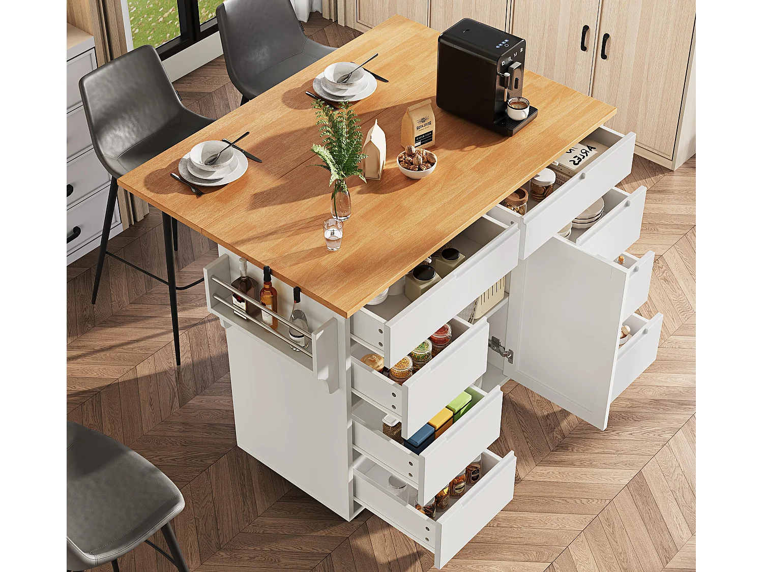 Ilot central de cuisine mobile - Plateau extensible - 8 tiroirs et 1 porte - Avec étagère à épices - MDF - Blanc