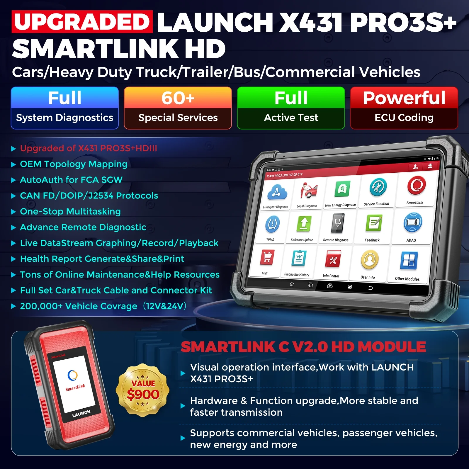 LAUNCH X431 PRO3S+Smartlink HD Heavy Duty Truck Car Diesel&Gasoline Bidirectional Diagnostic Scan Tool with J2534 ,Topology Map,60+Service,ECU Coding,CANFD &DOIP - Image 6