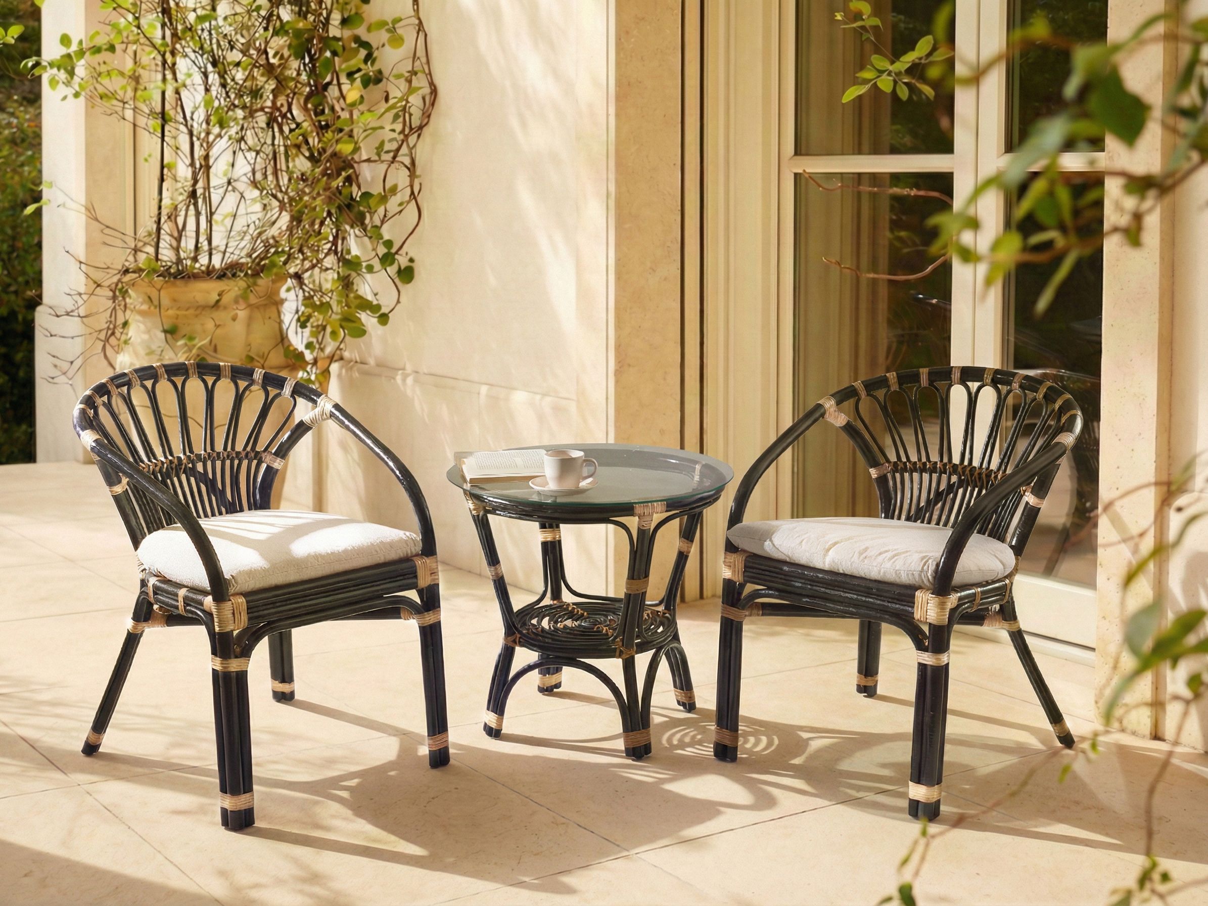 Bistro Set with Cushions PECORINI Rattan Black