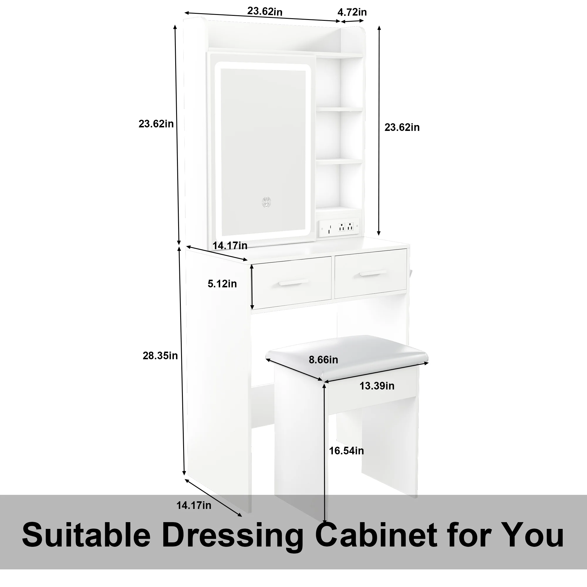 Montary Modern Mini Vanity w/Adjustable LED Mirror + Hidden Storage, Padded Stool & Dustproof Shelves (White) - Image 126