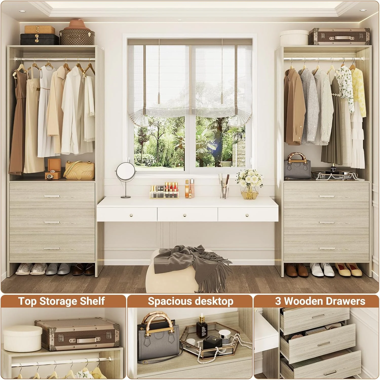 Homieasy Closet System Closet Organizer, Wood Closet Organizer System, Walk-in Closet or Small Closets Wardrobe, Clothes Rack with Hanging Rods, 4FT Closets, Set of 2, White Oak