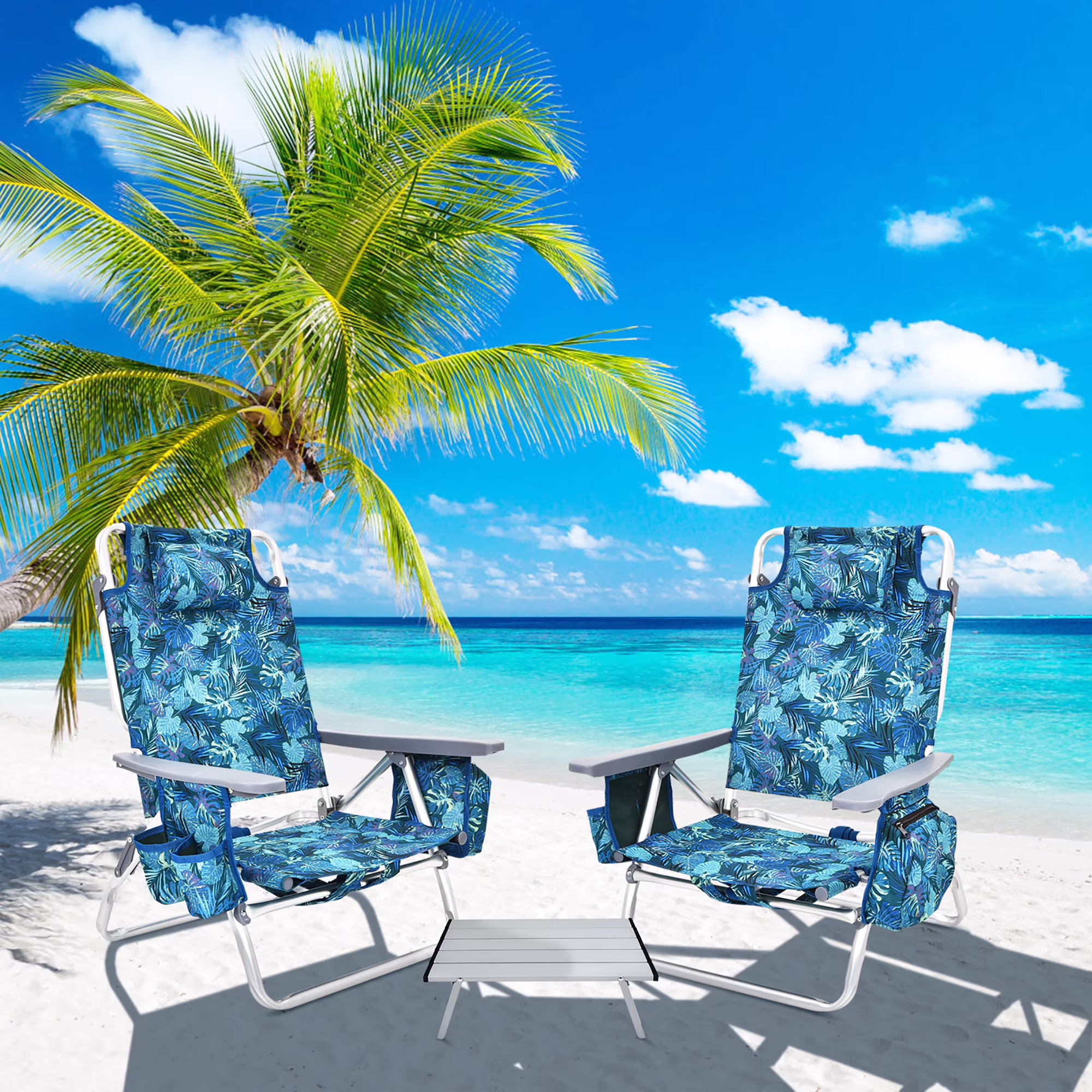 Costway 2-Pack Folding Backpack Beach Chair Table Set 5-Position Outdoor Reclining Chair Pink - Image 3