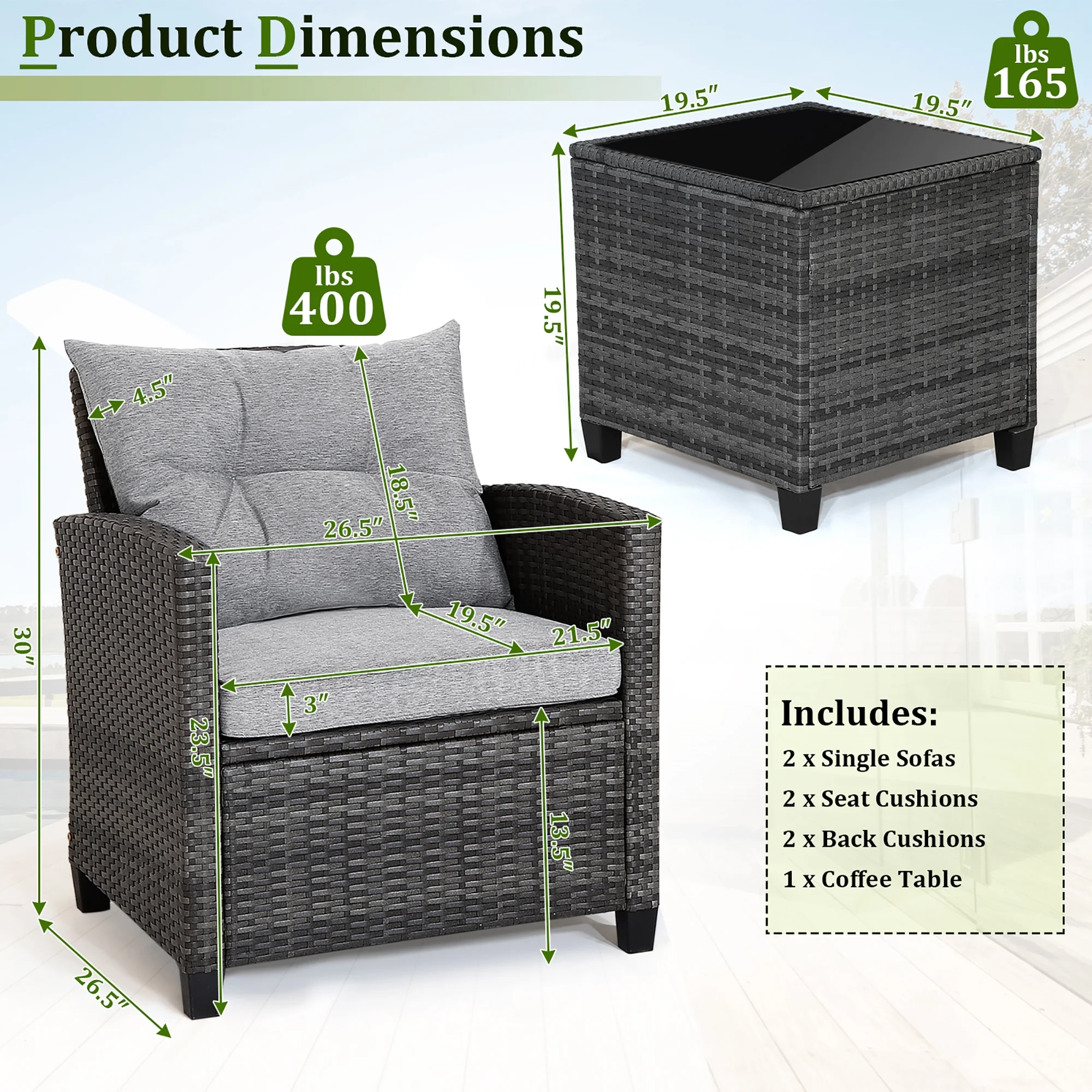 Gymax 3PCS Patio Rattan Sofa Set Outdoor Wicker Conversation Set Glass Tabletop w/ Grey Cushion - Image 3
